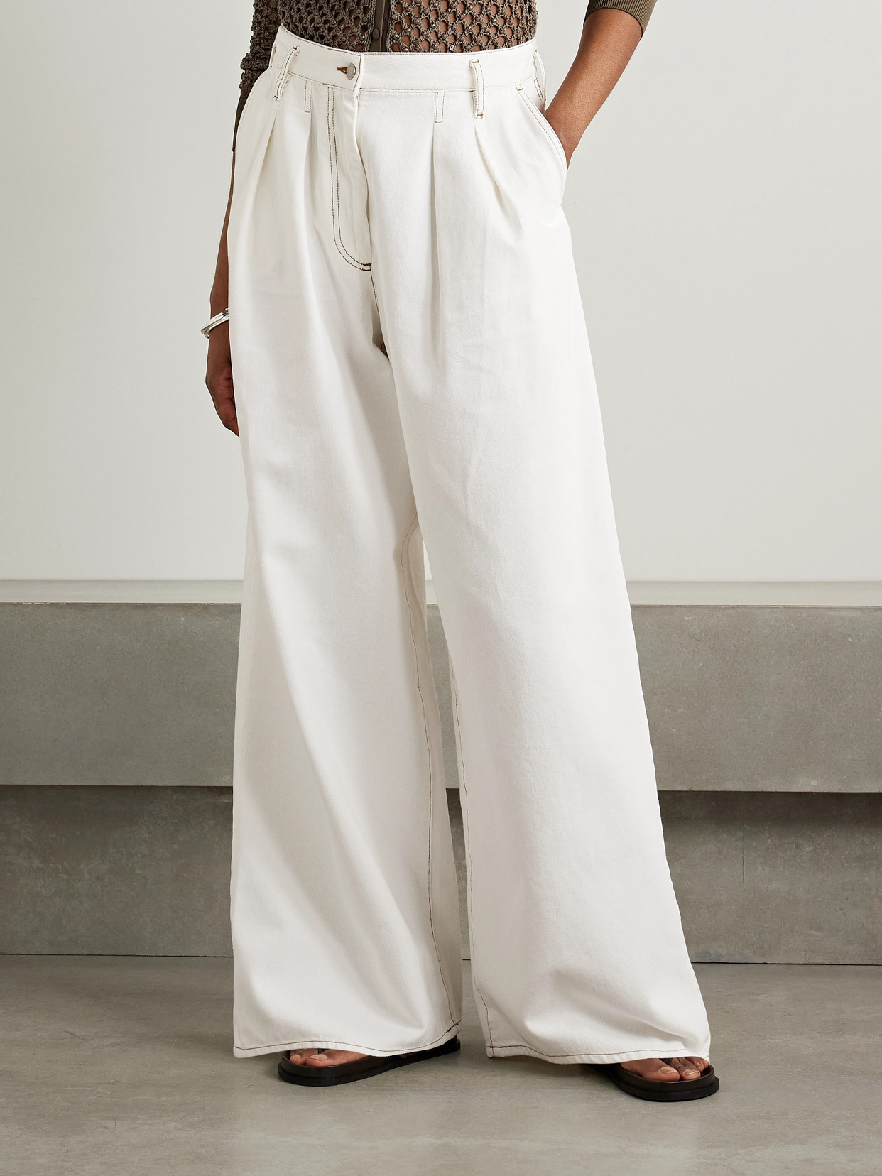 Shop Dries Van Noten Pleated Denim Wide-leg Pants In White