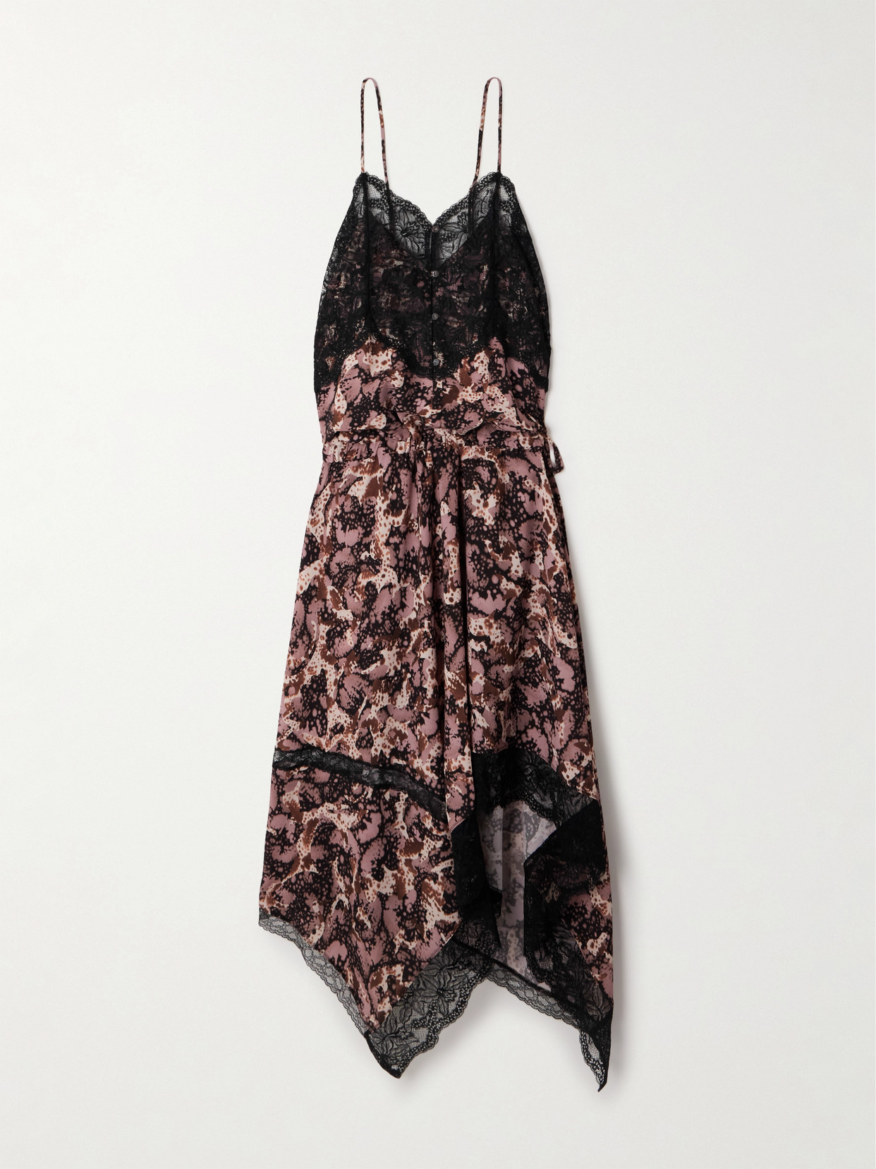 Dries Van Noten - Asymmetric Lace-trimmed Printed Chiffon Midi Dress - Brown