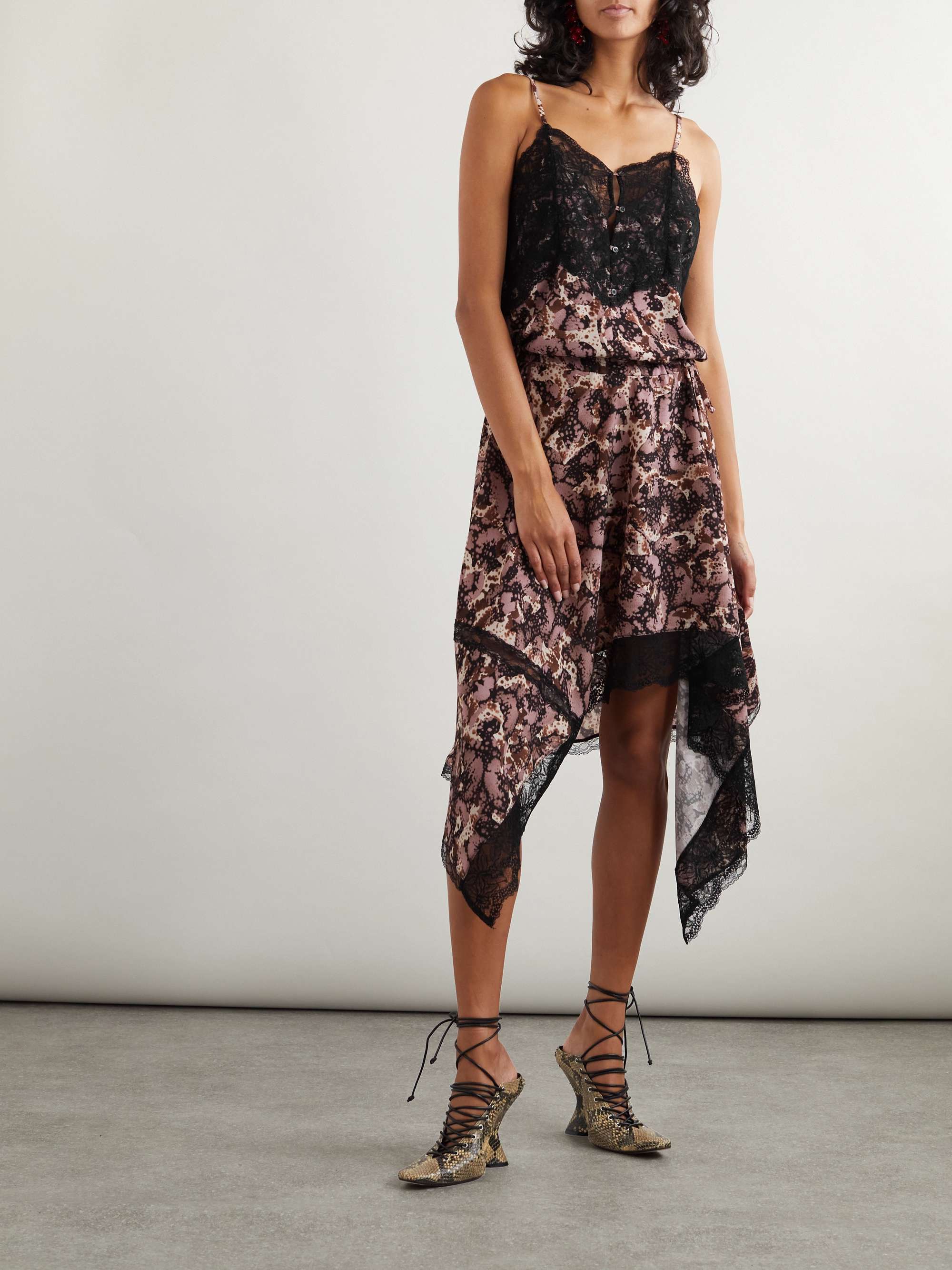 DRIES VAN NOTEN Asymmetric lace-trimmed printed chiffon midi