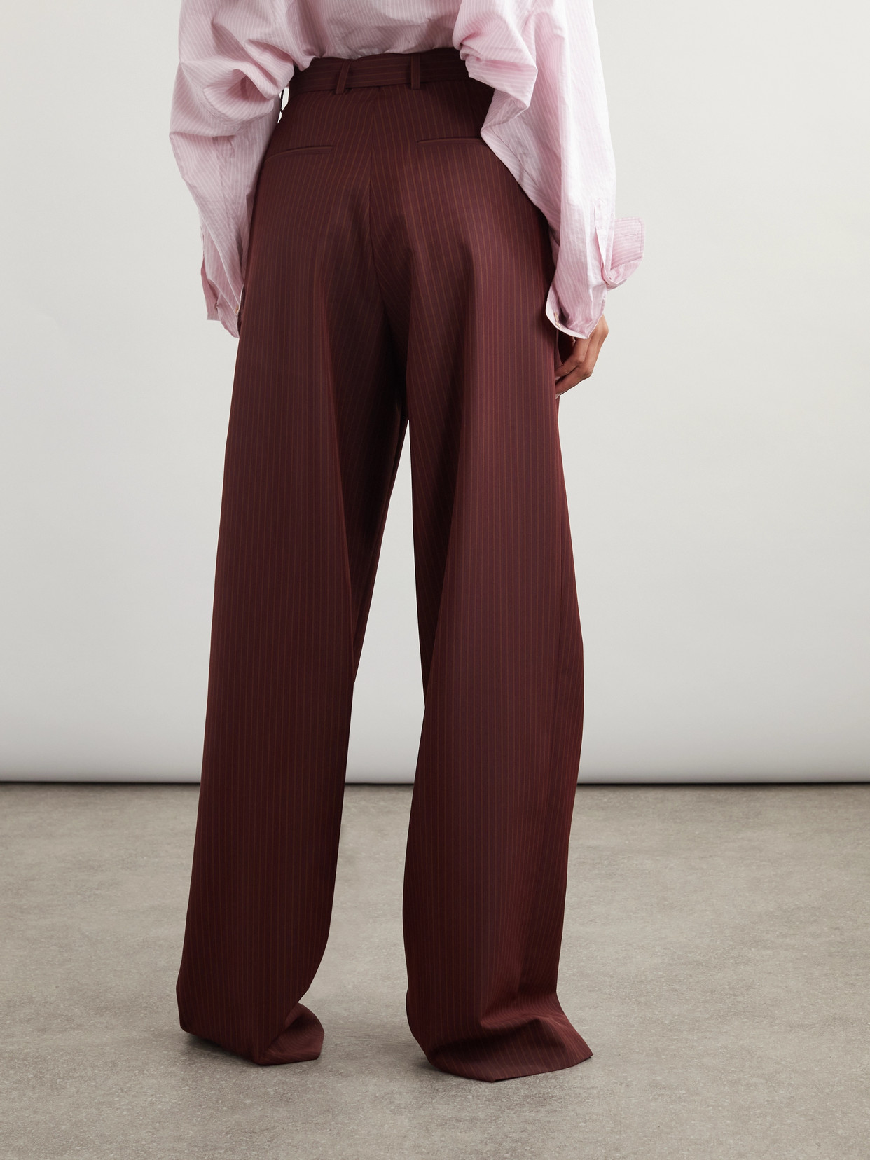 Dries Van Noten Belted Pinstriped Wool-blend Wide-leg Pants In Burgundy
