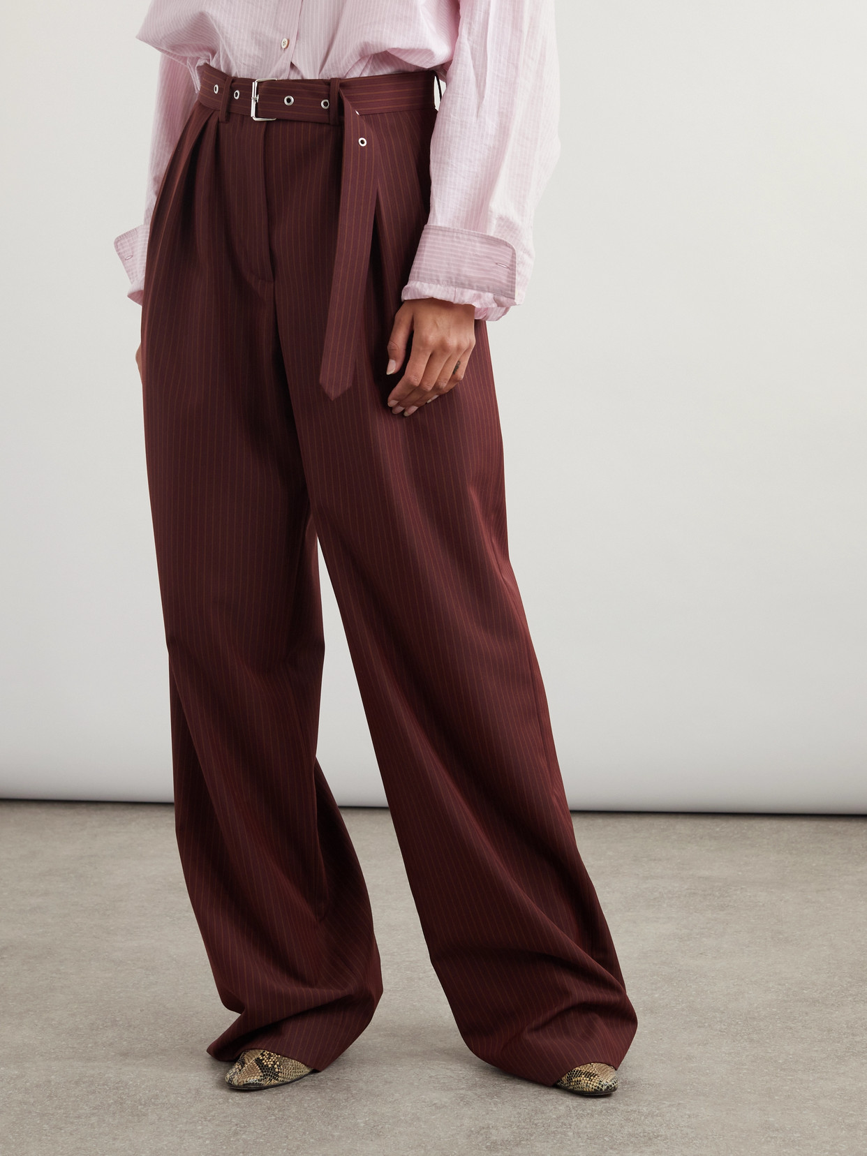 Dries Van Noten Belted Pinstriped Wool-blend Wide-leg Pants In Burgundy