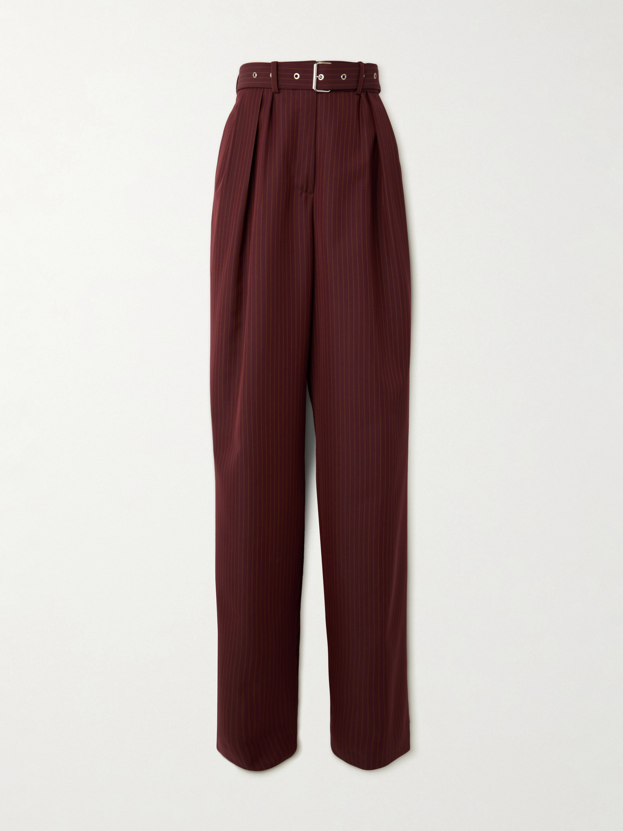 Dries Van Noten Belted Pinstriped Wool-blend Wide-leg Pants In Burgundy