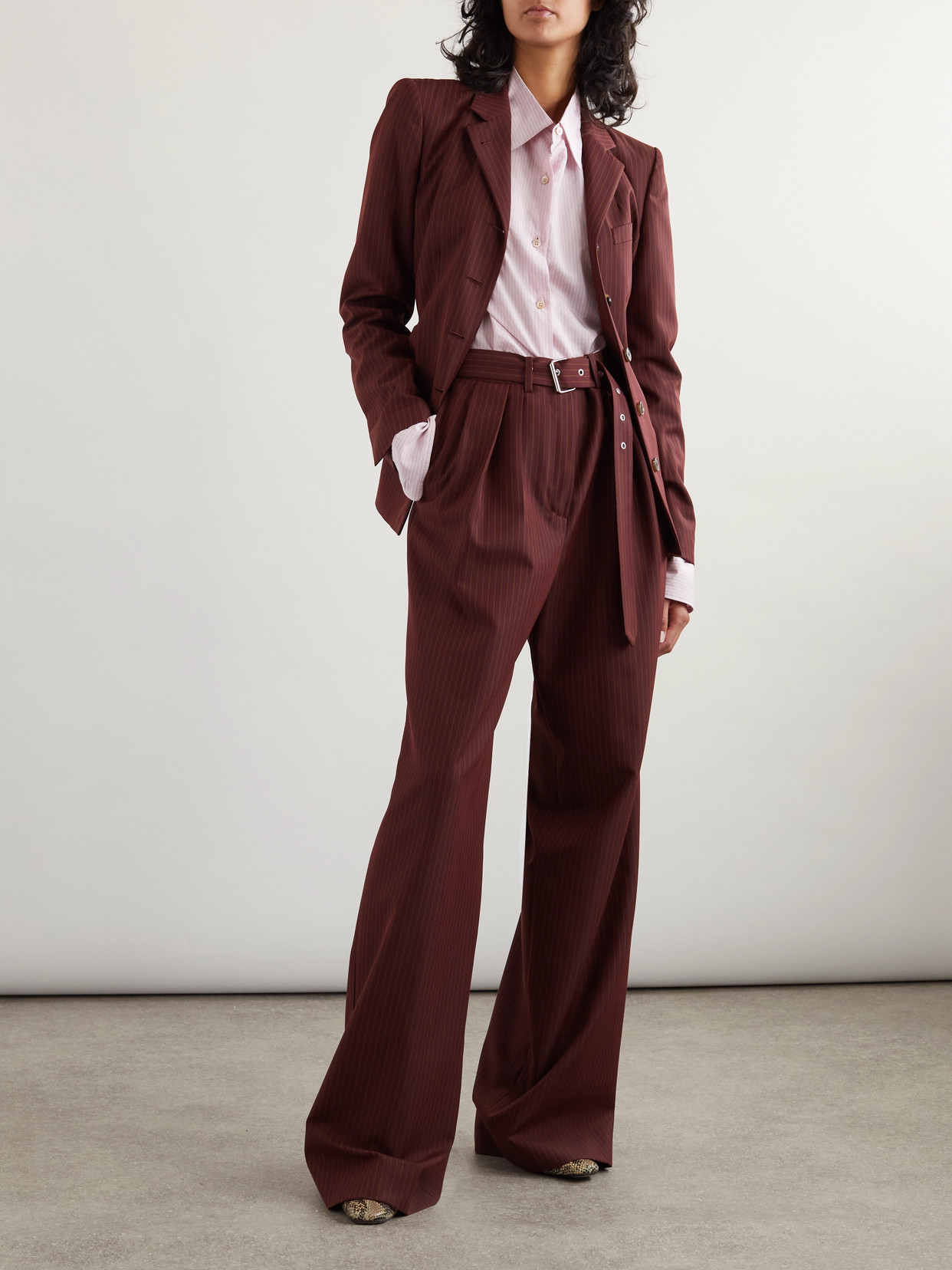 Dries Van Noten Belted Pinstriped Wool-blend Wide-leg Pants In Burgundy