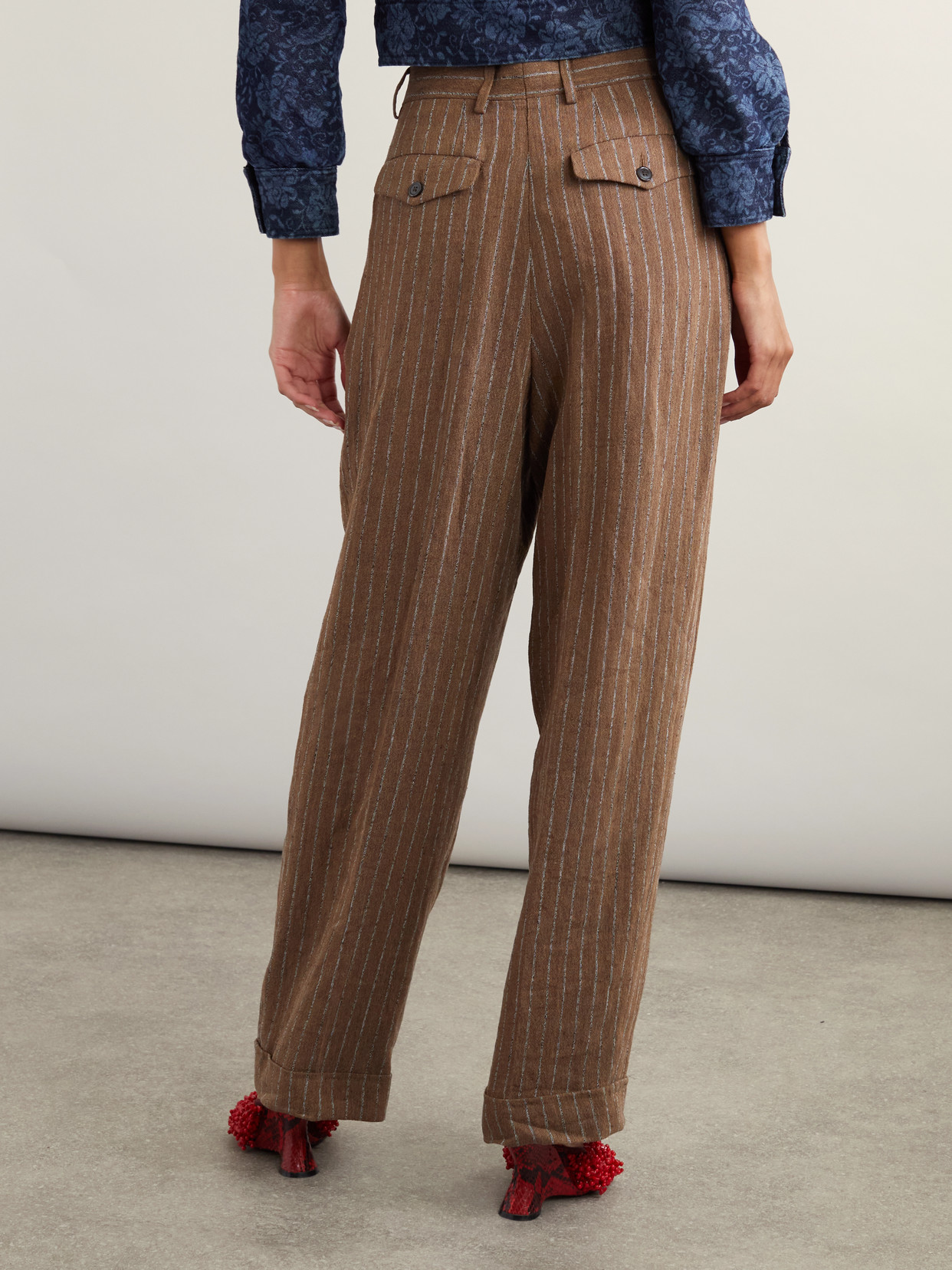 Shop Dries Van Noten Pleated Striped Linen-blend Wide-leg Pants In Brown