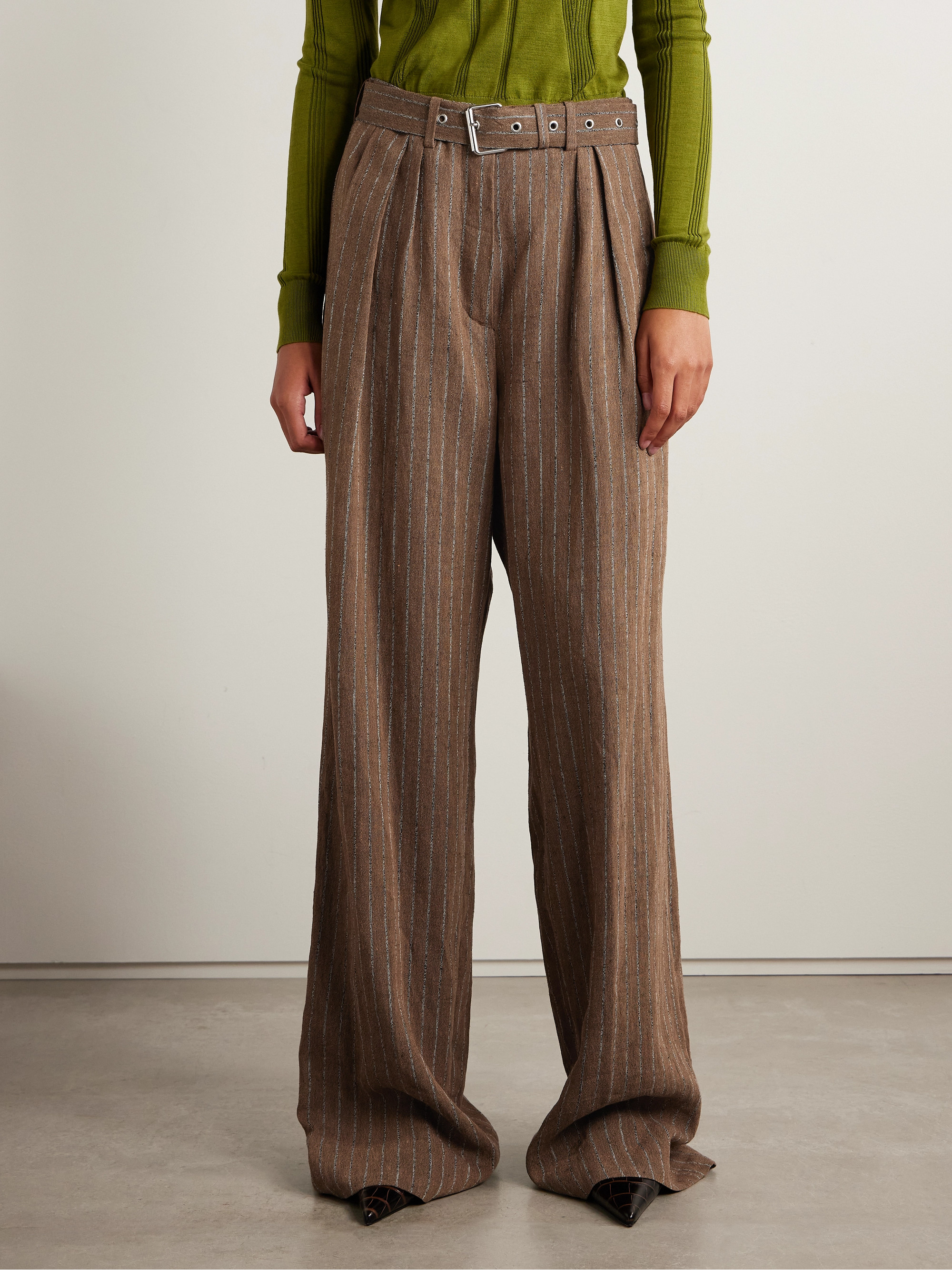 Dries Van Noten - Pleated striped linen-blend wide-leg pants | Plush