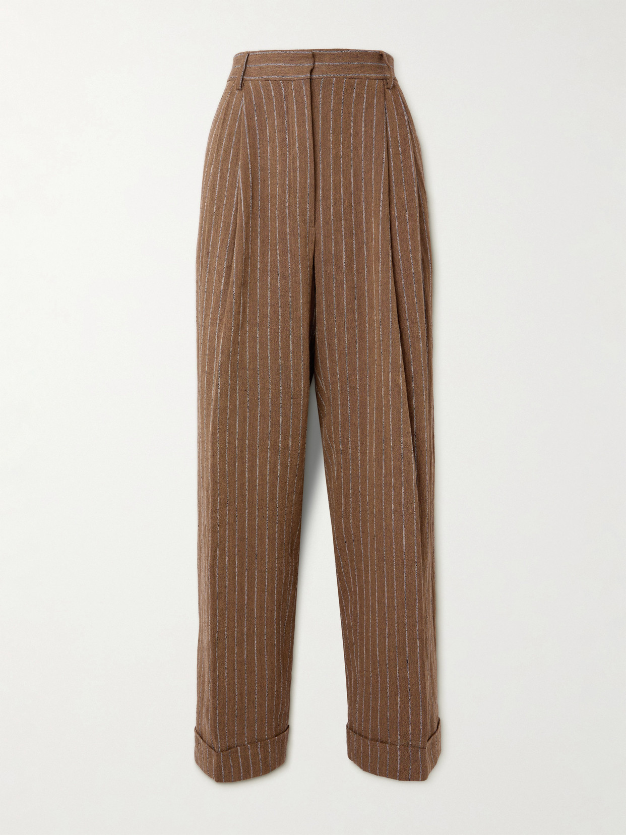 Shop Dries Van Noten Pleated Striped Linen-blend Wide-leg Pants In Brown