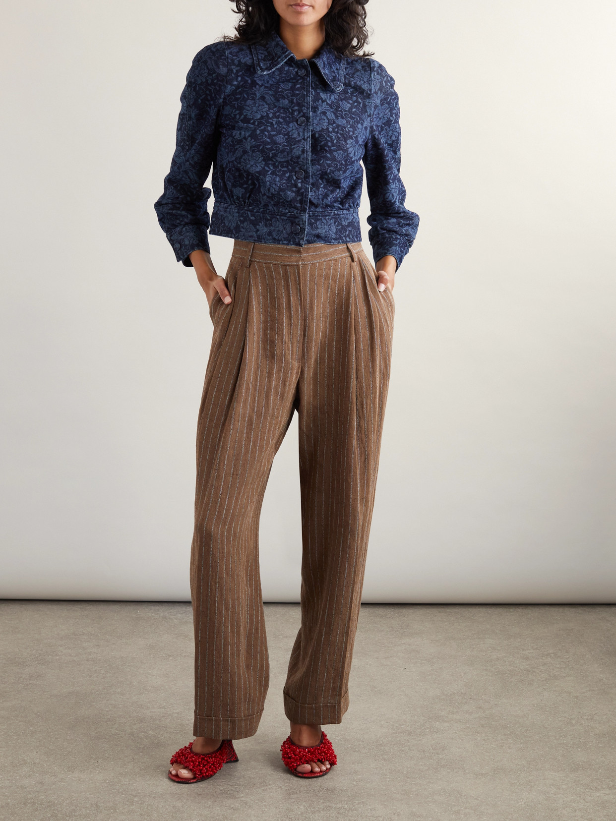 Shop Dries Van Noten Pleated Striped Linen-blend Wide-leg Pants In Brown