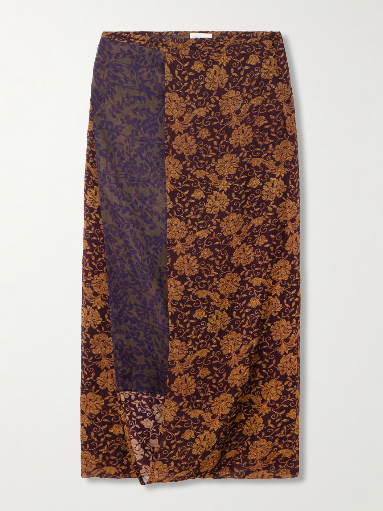 Dries Van Noten Brown Silk Floral Midi Skirt In Brown