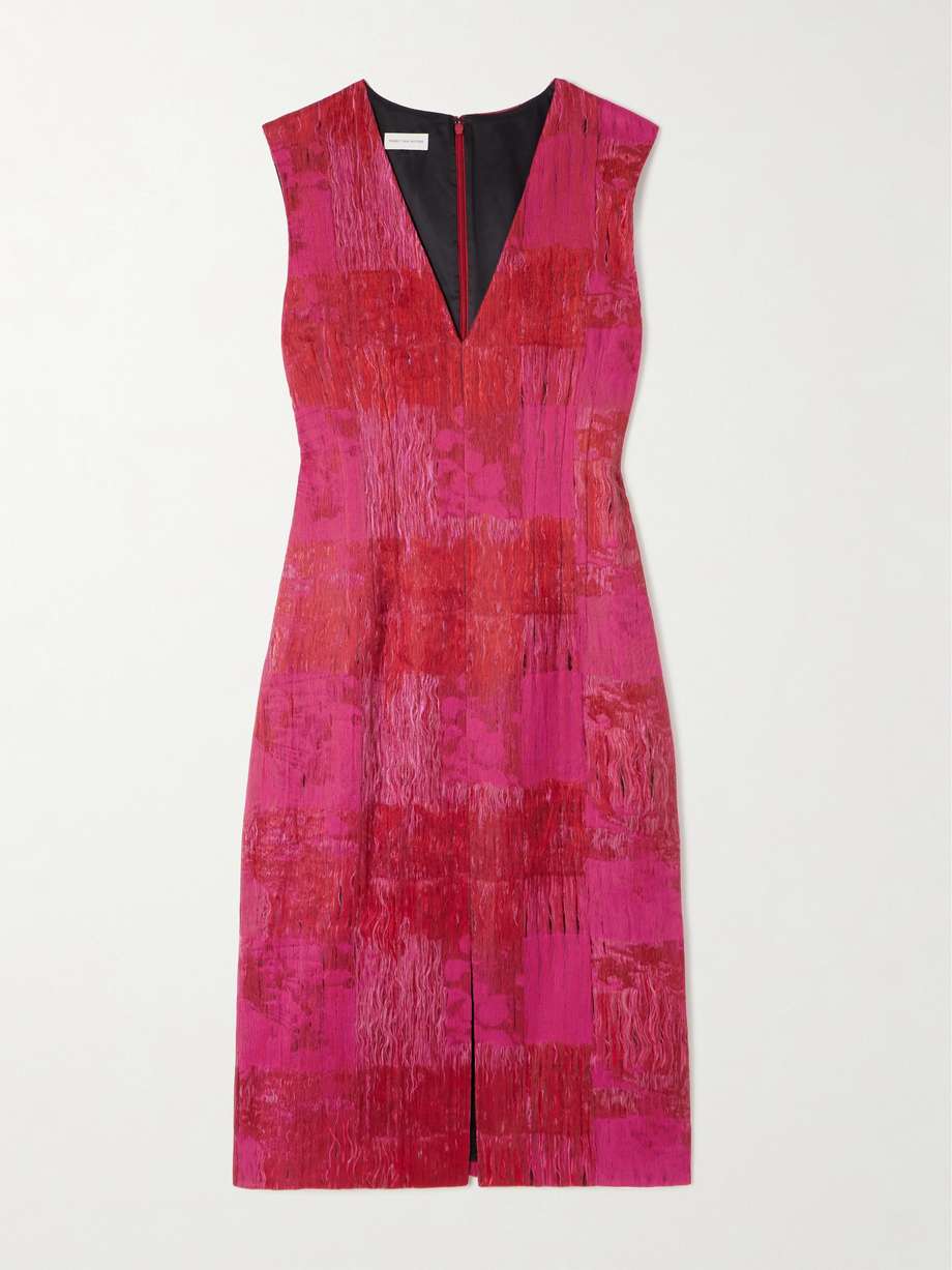 delina distressed cotton-blend jacquard midi dress