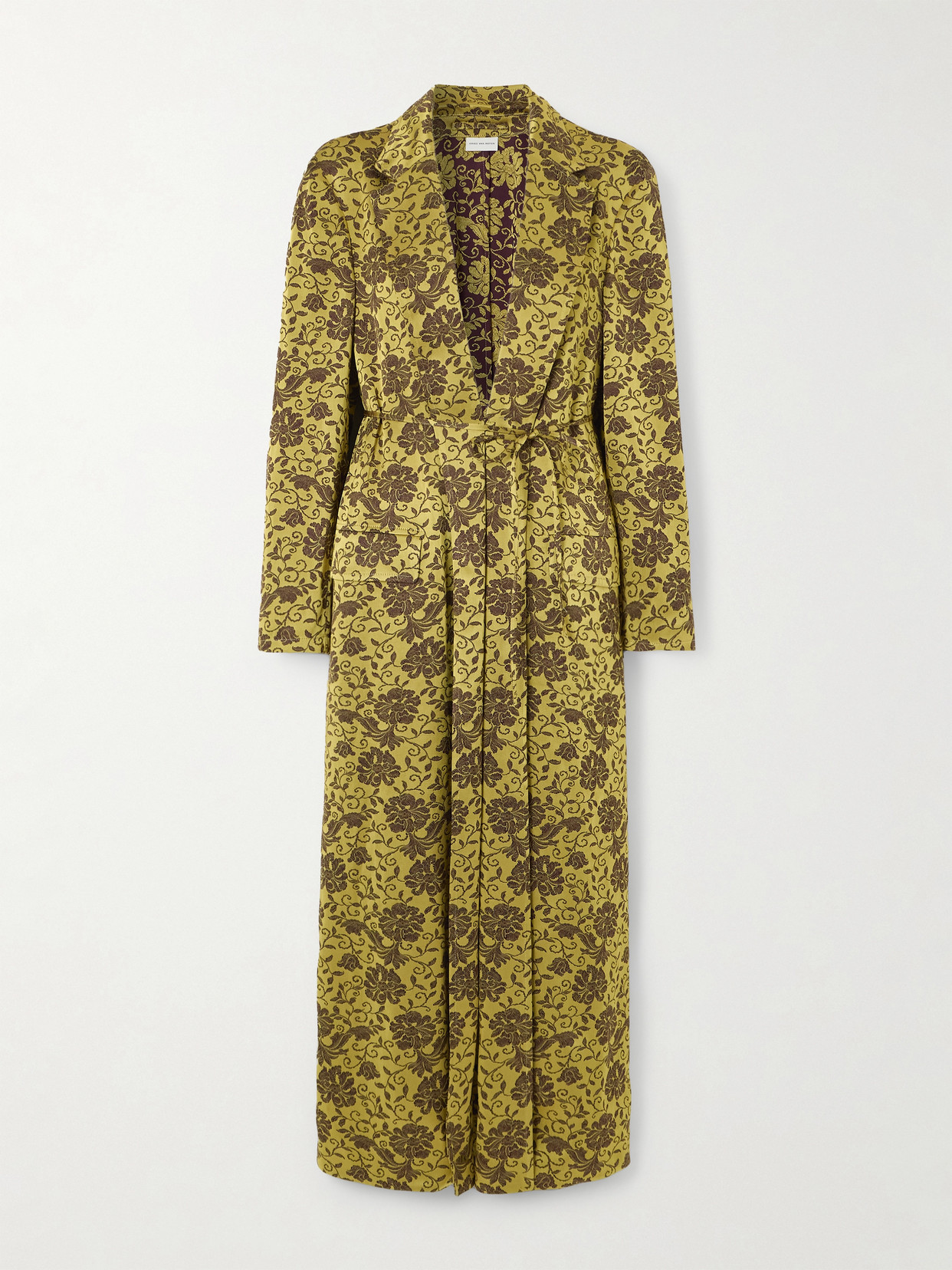 Dries Van Noten - Belted Silk-satin Jacquard Coat - Light green