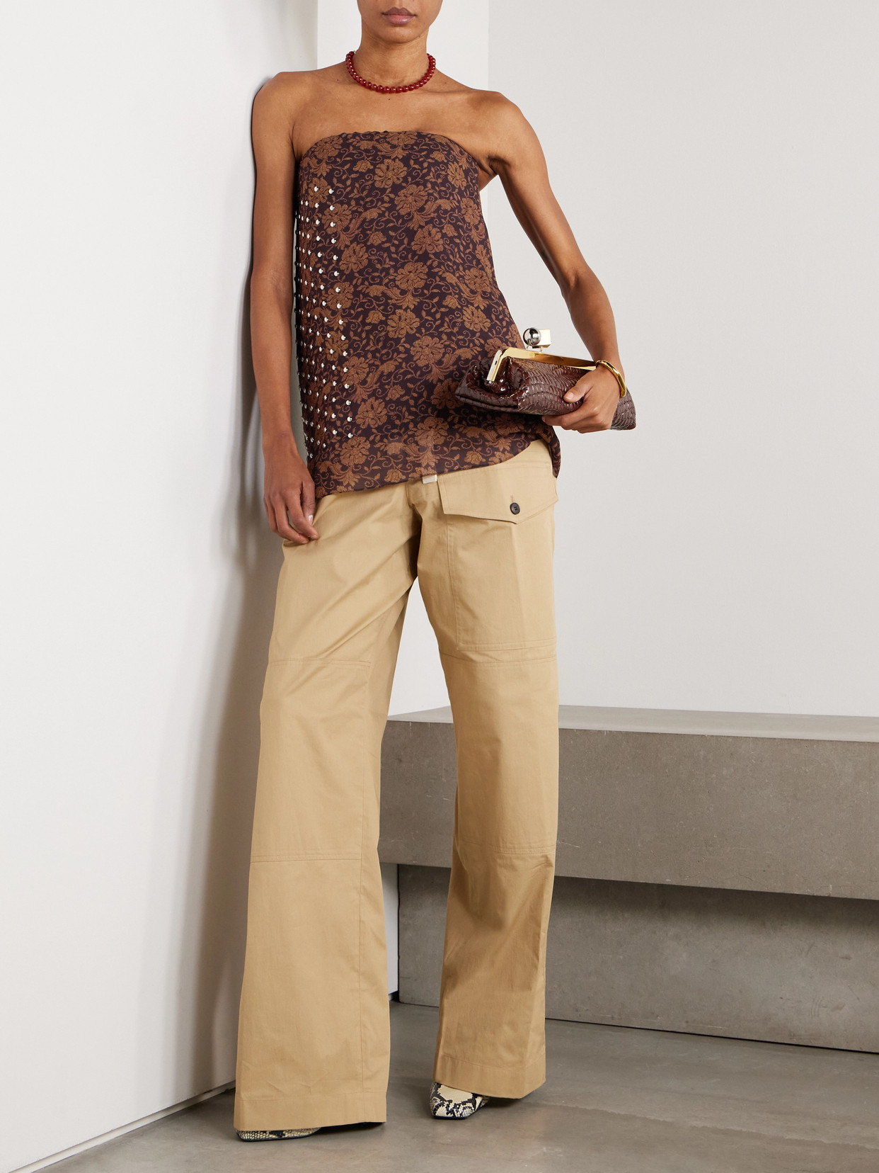 Shop Dries Van Noten Embellished Crepe Bustier Top In Brown