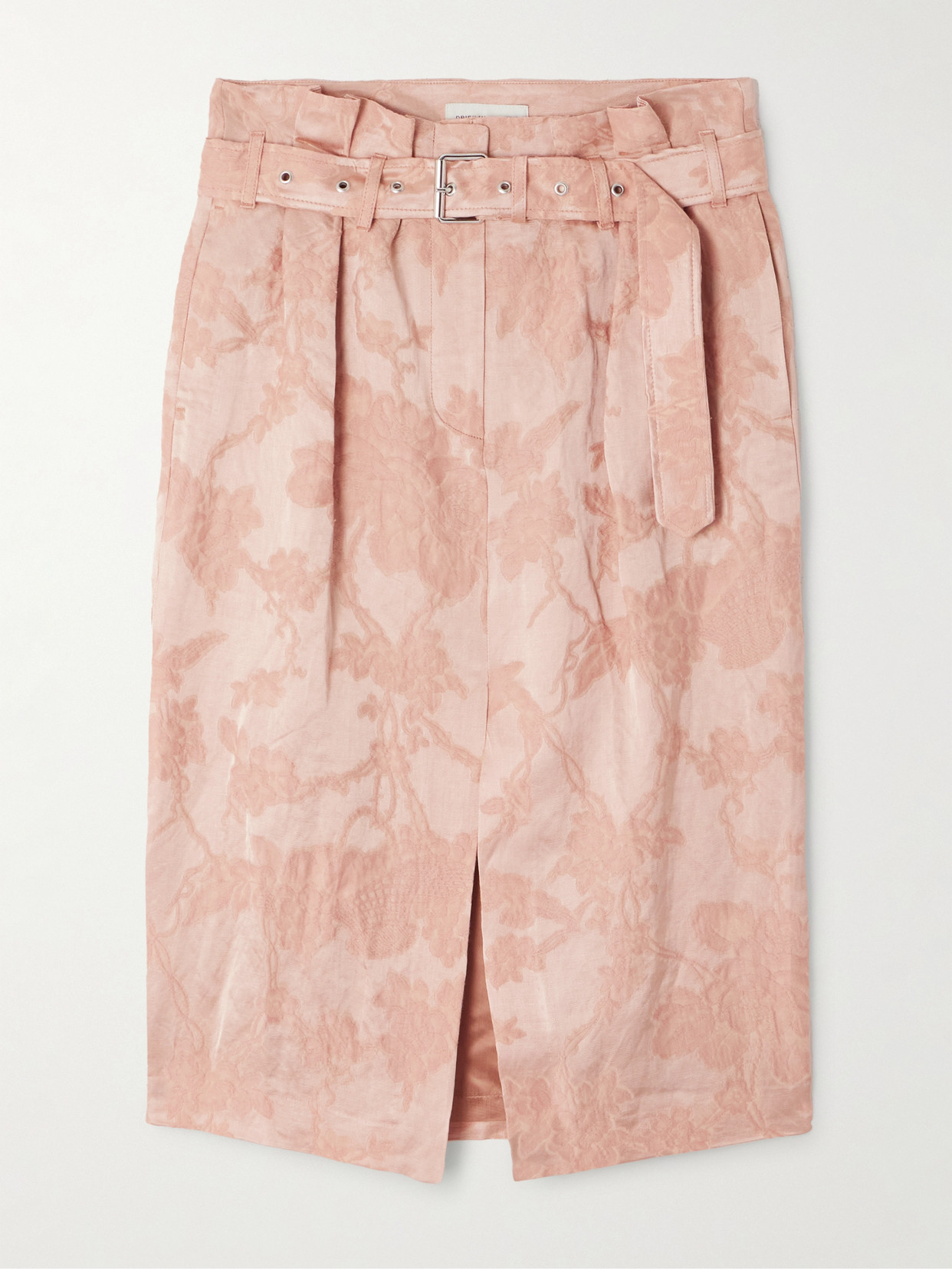 Dries Van Noten Belted Pleated Linen-blend Jacquard Skirt In Pink