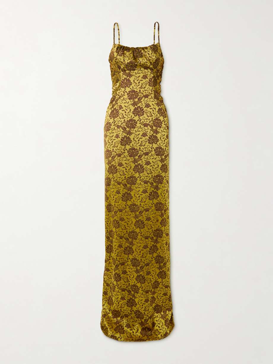 gathered floral-brocade gown