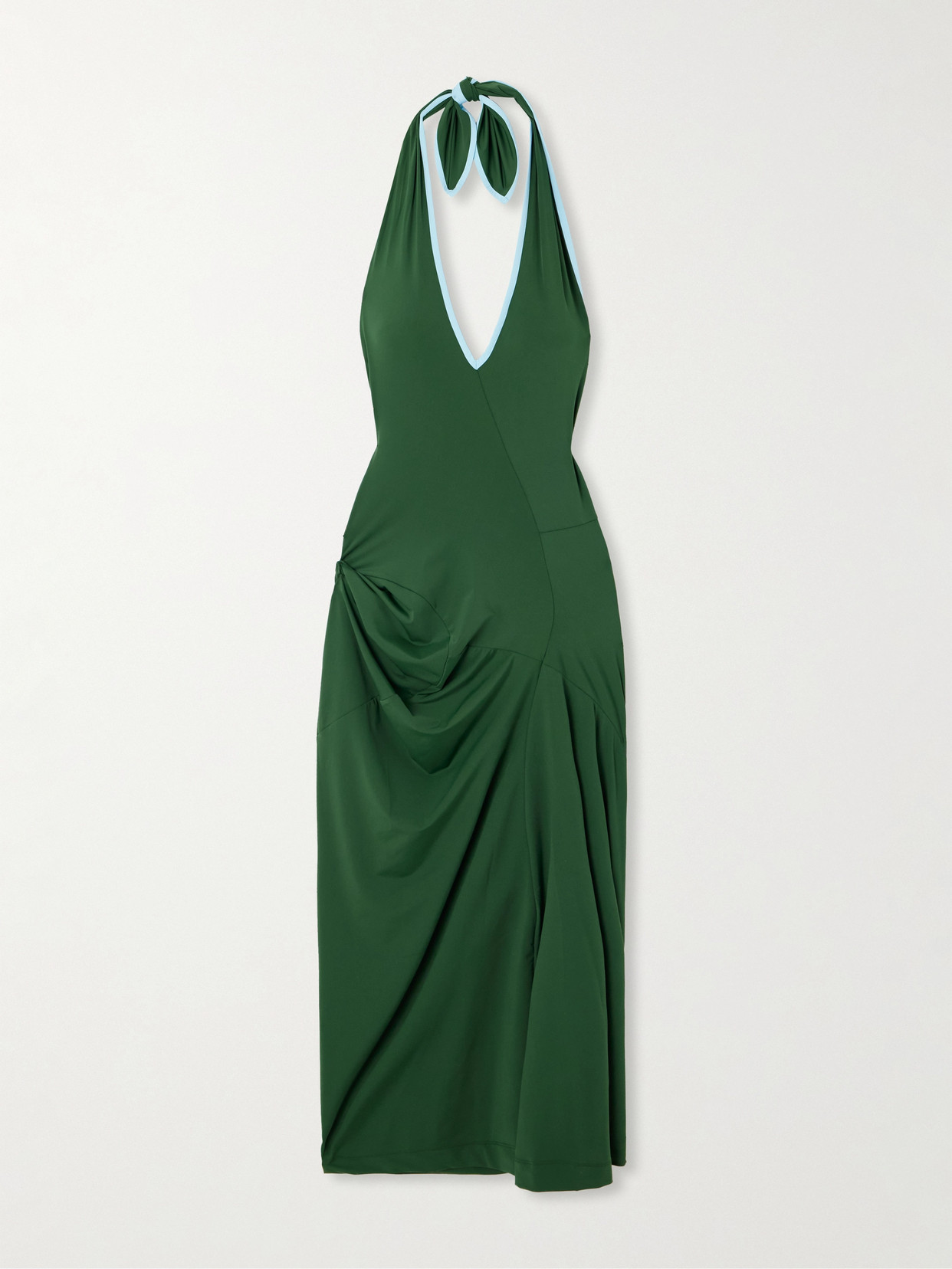 Dries Van Noten Gathered Two-tone Stretch-jersey Halterneck Midi Dress In Green