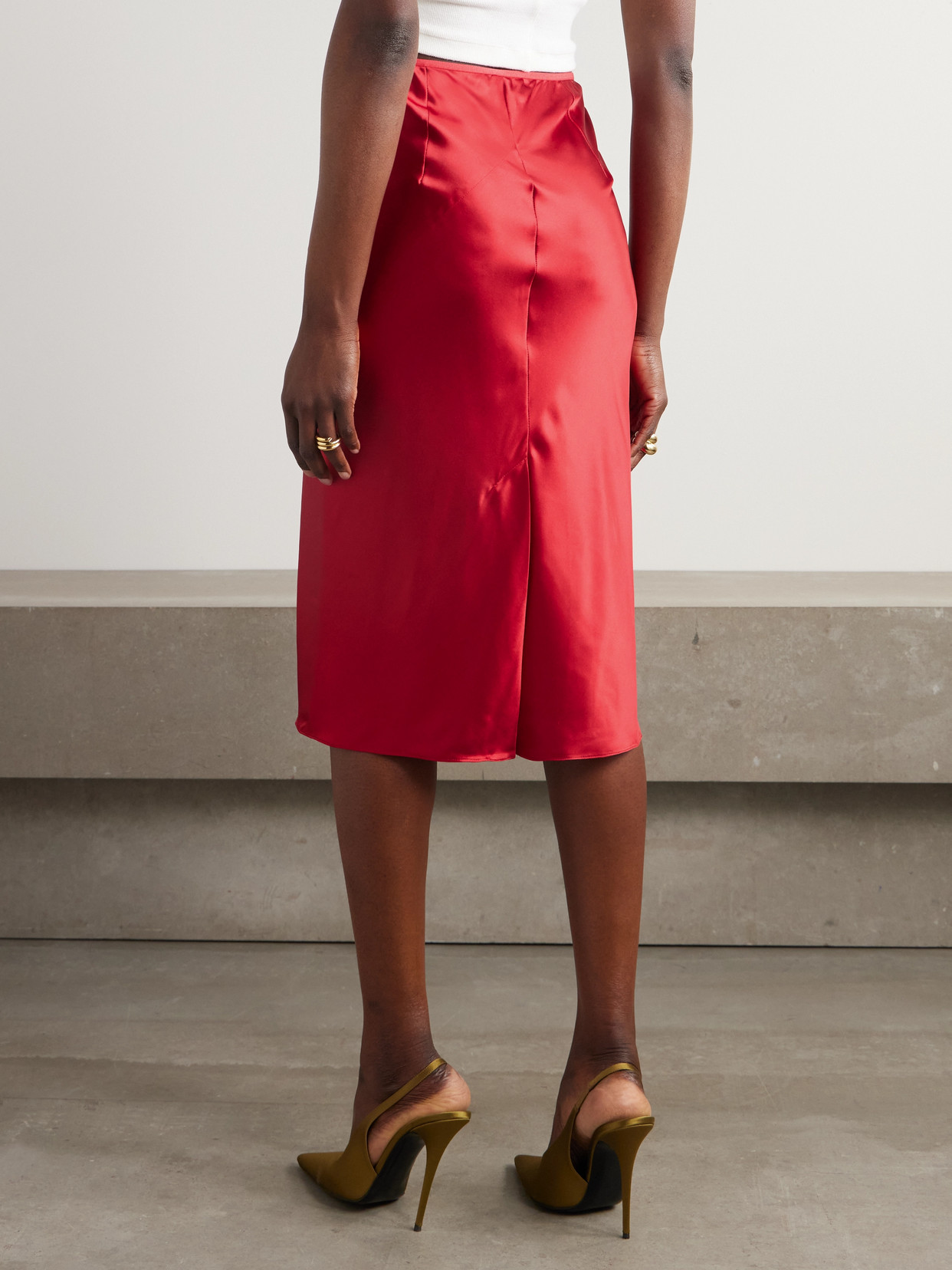 Shop Dries Van Noten Stretch-silk Satin Midi Skirt In Red