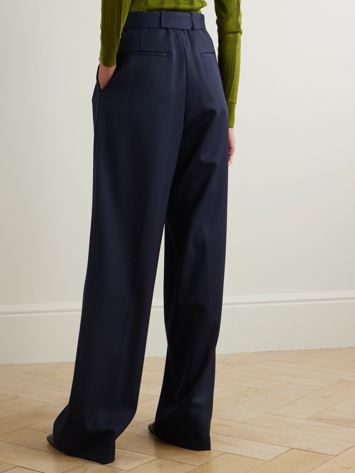 Dries Van Noten Belted Pleated Wool-twill Wide-leg Pants In Blue