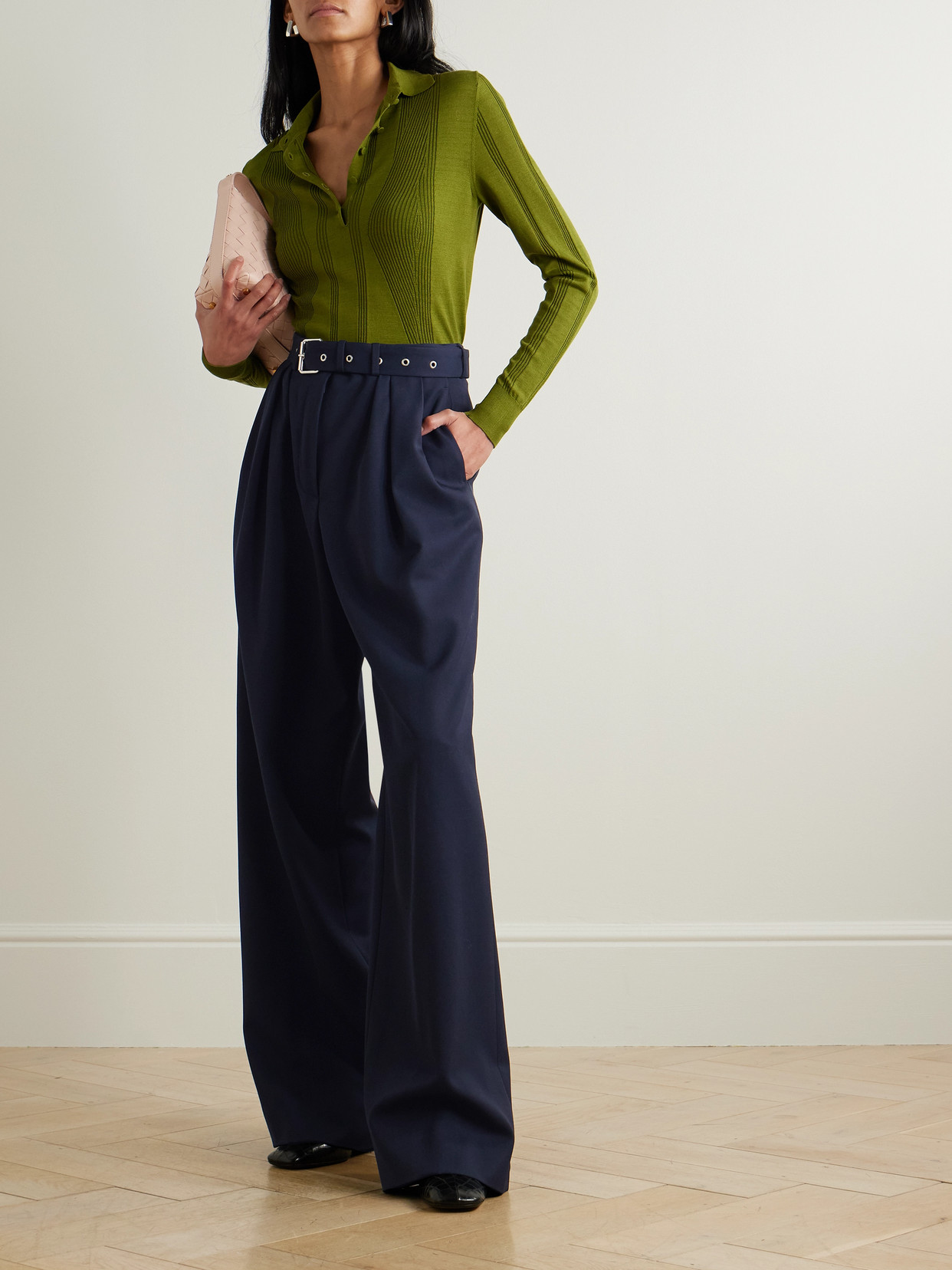 Dries Van Noten Belted Pleated Wool-twill Wide-leg Pants In Blue