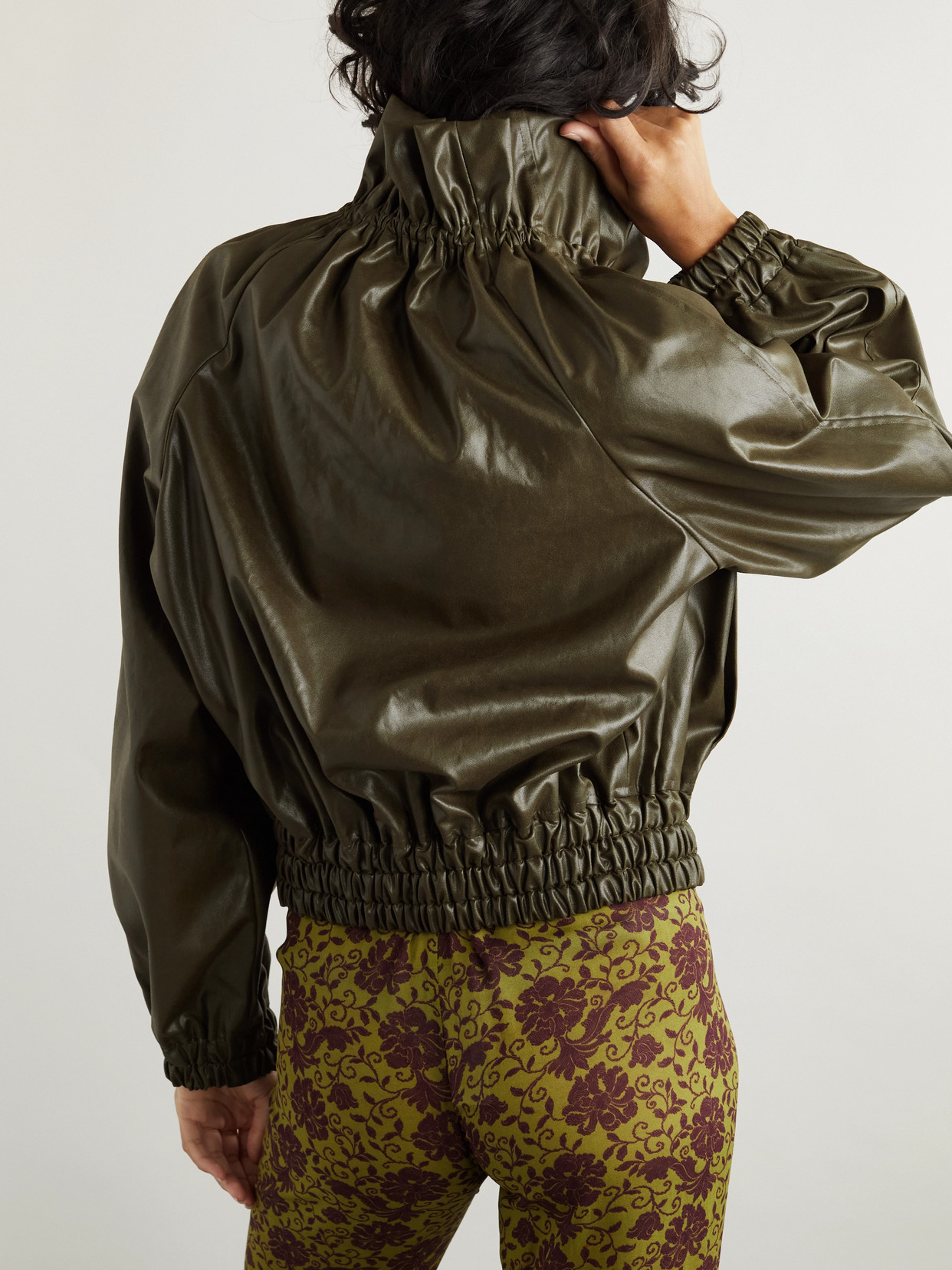 Dries Van Noten Cropped Ruffled Faux Leather Bomber Jacket In Green