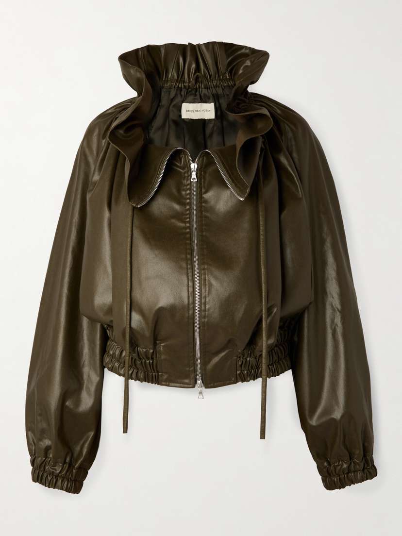 Dries Van Noten Cropped Ruffled Faux Leather Bomber Jacket