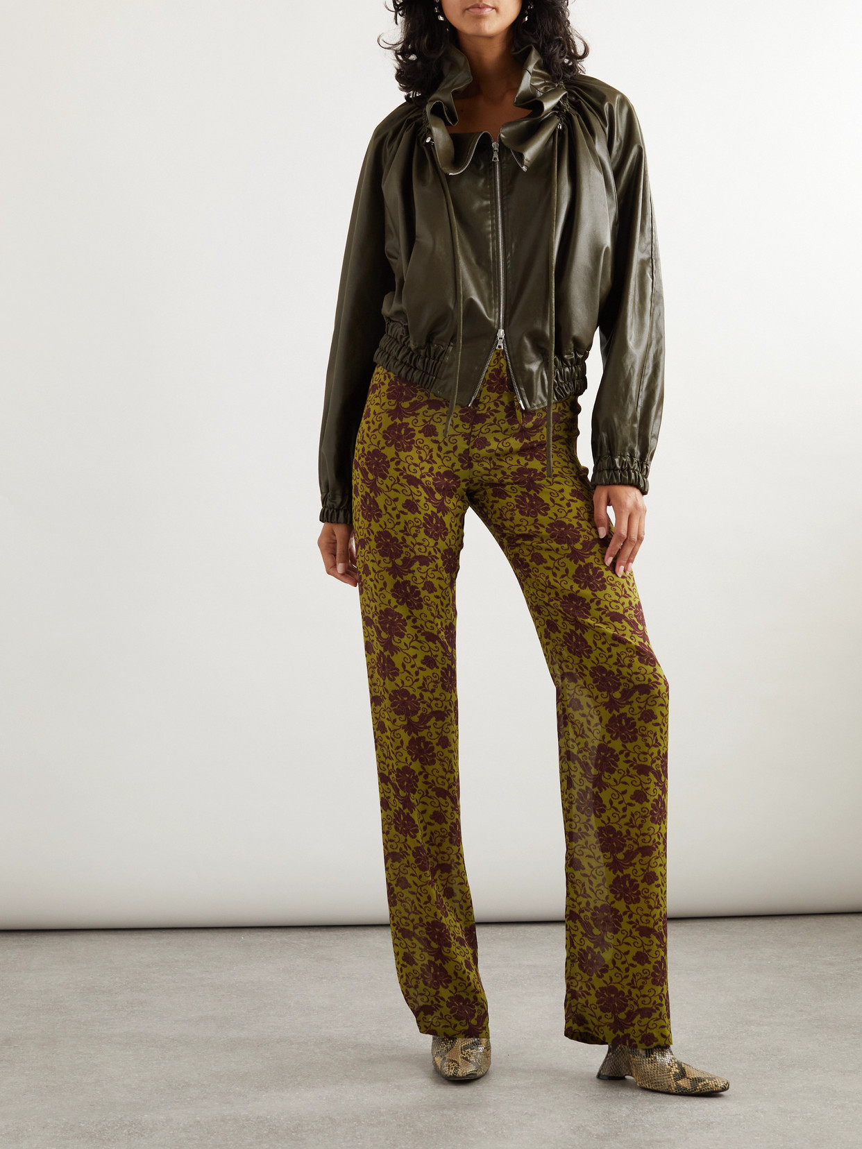 Dries Van Noten Cropped Ruffled Faux Leather Bomber Jacket In Green