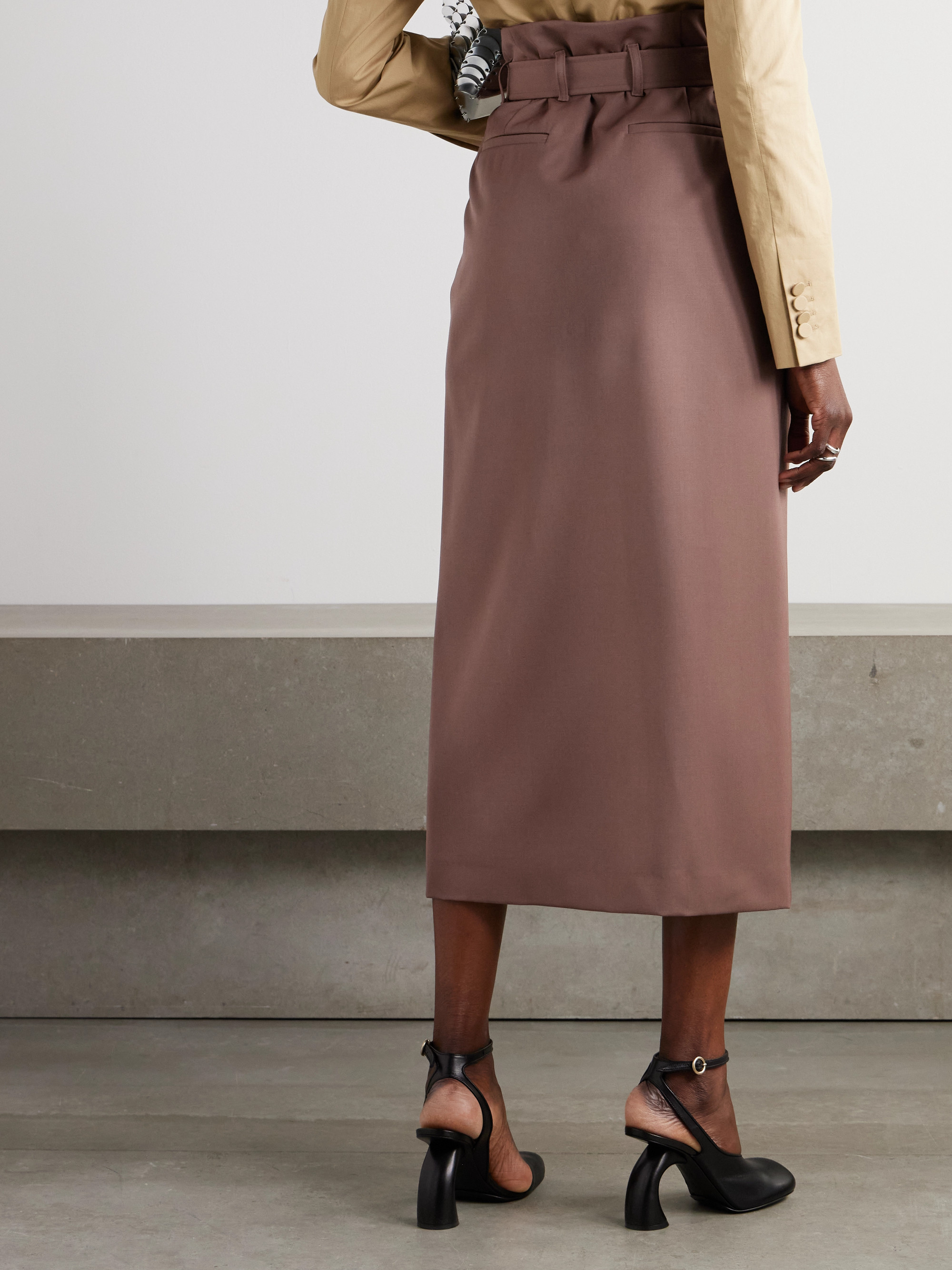 Dries Van Noten Belted pleated wool-twill midi skirt thumbnail