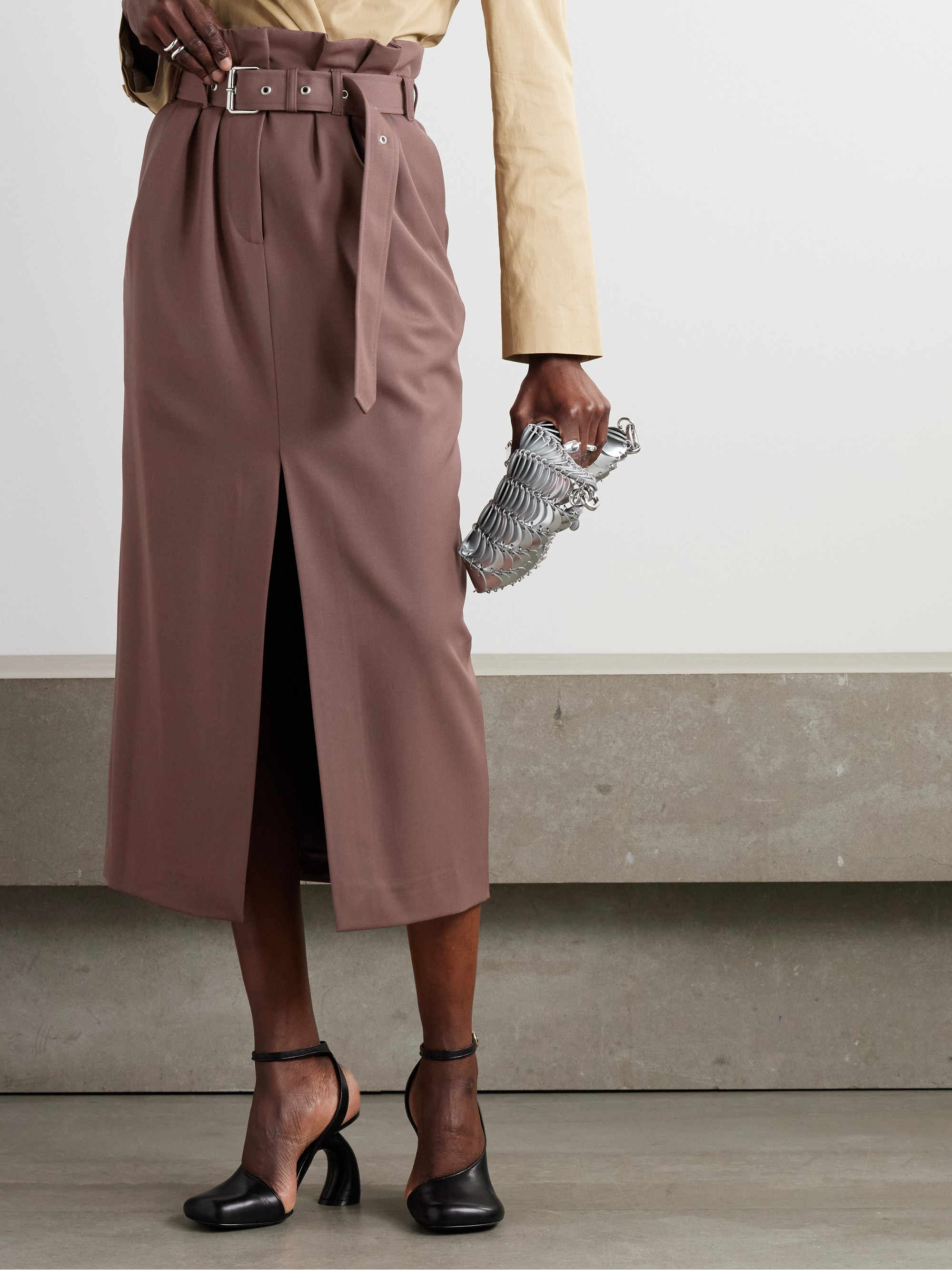 Dries Van Noten Belted pleated wool-twill midi skirt