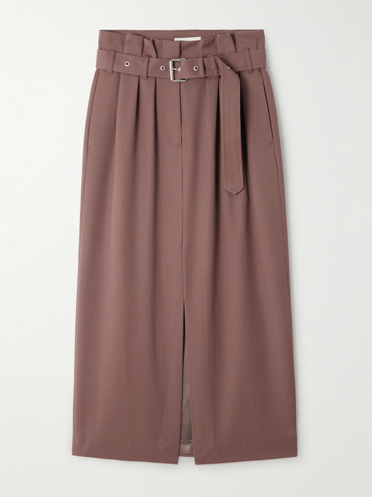 Dries Van Noten Belted Pleated Wool-twill Midi Skirt In Brown