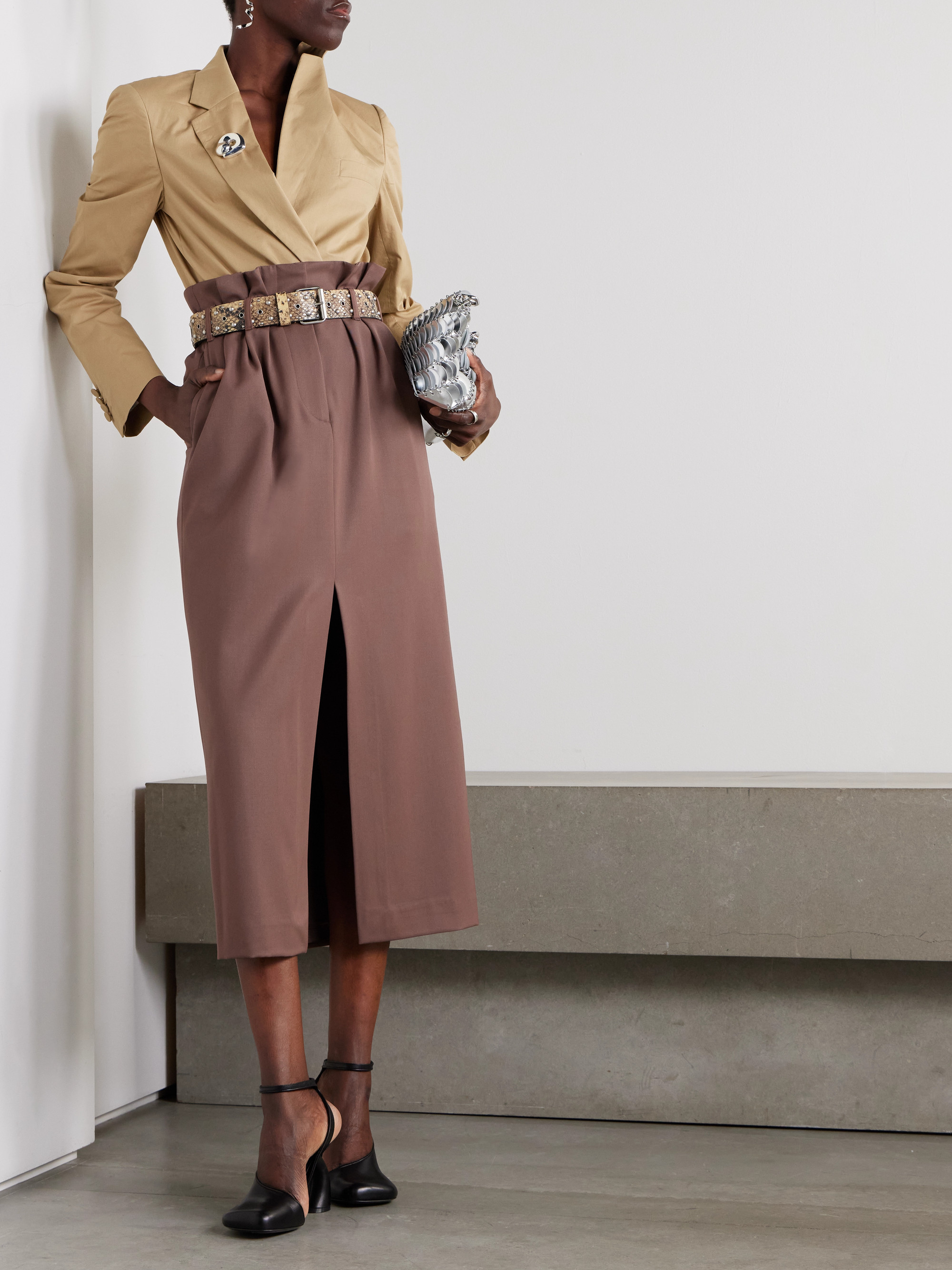 Dries Van Noten Belted pleated wool-twill midi skirt thumbnail