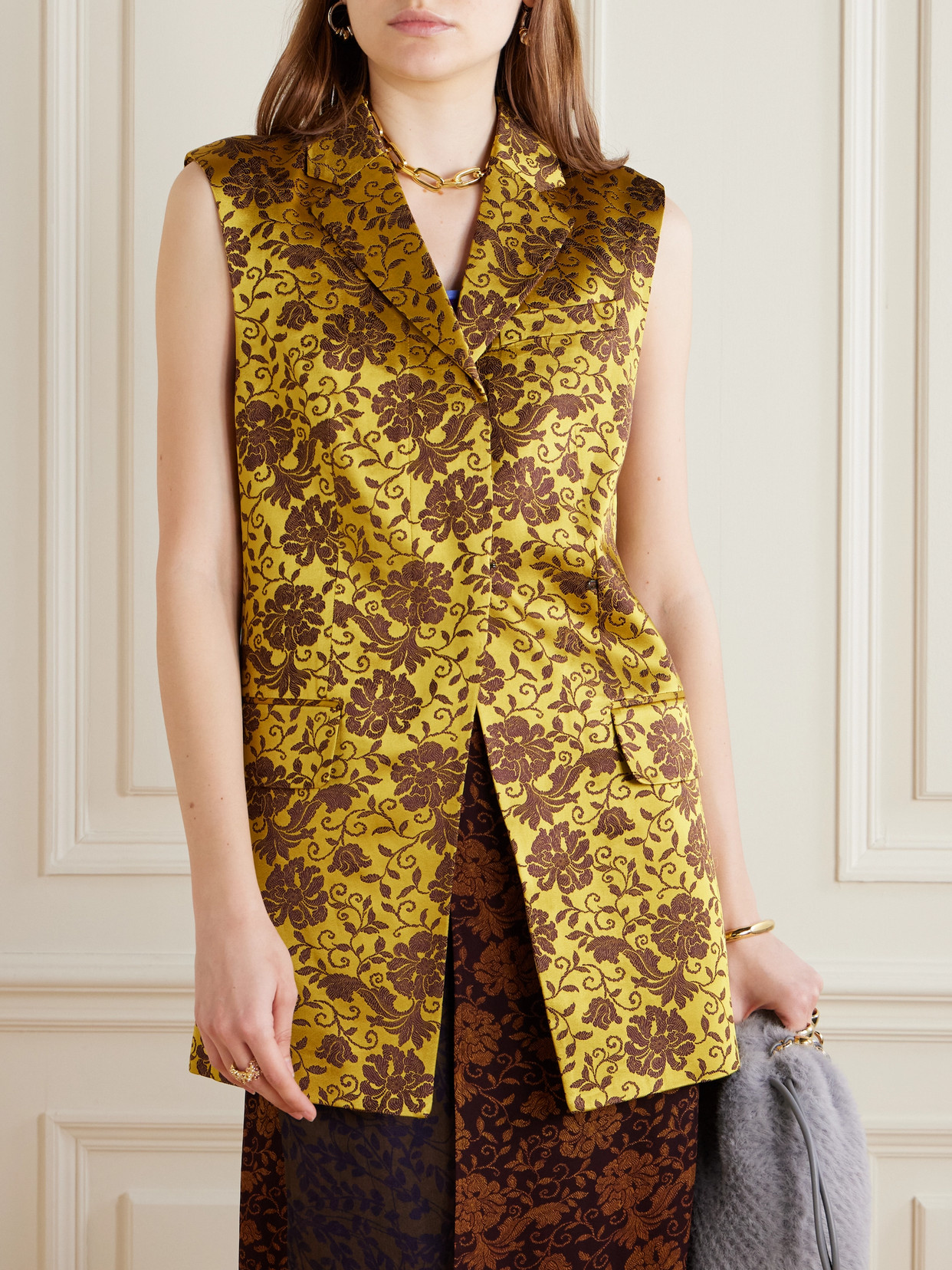 Shop Dries Van Noten Asymmetric Satin-jacquard Vest In Yellow
