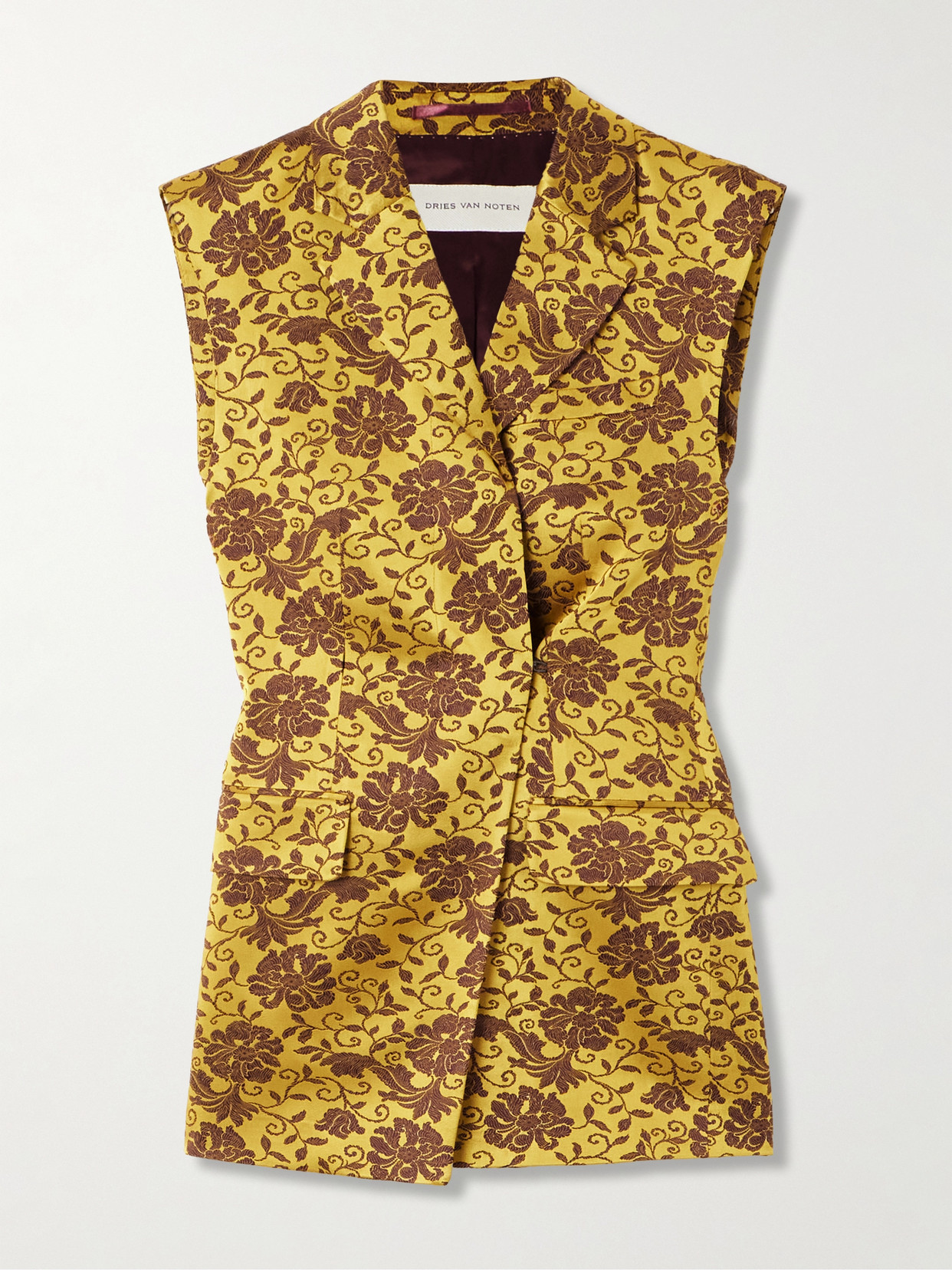Shop Dries Van Noten Asymmetric Satin-jacquard Vest In Yellow