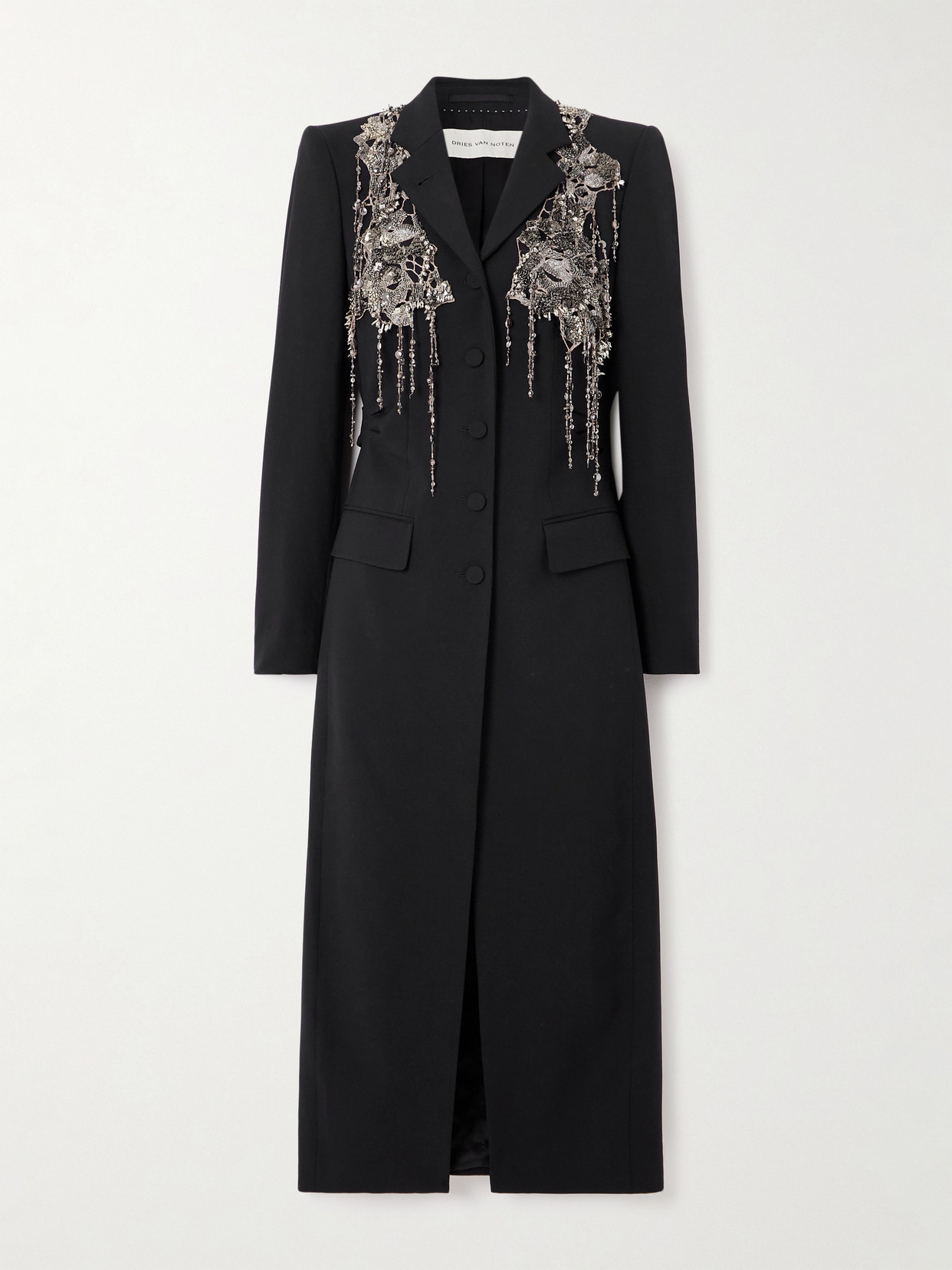 Dries Van Noten Fringed Embellished Wool And Mohair-blend Twill Coat In Black