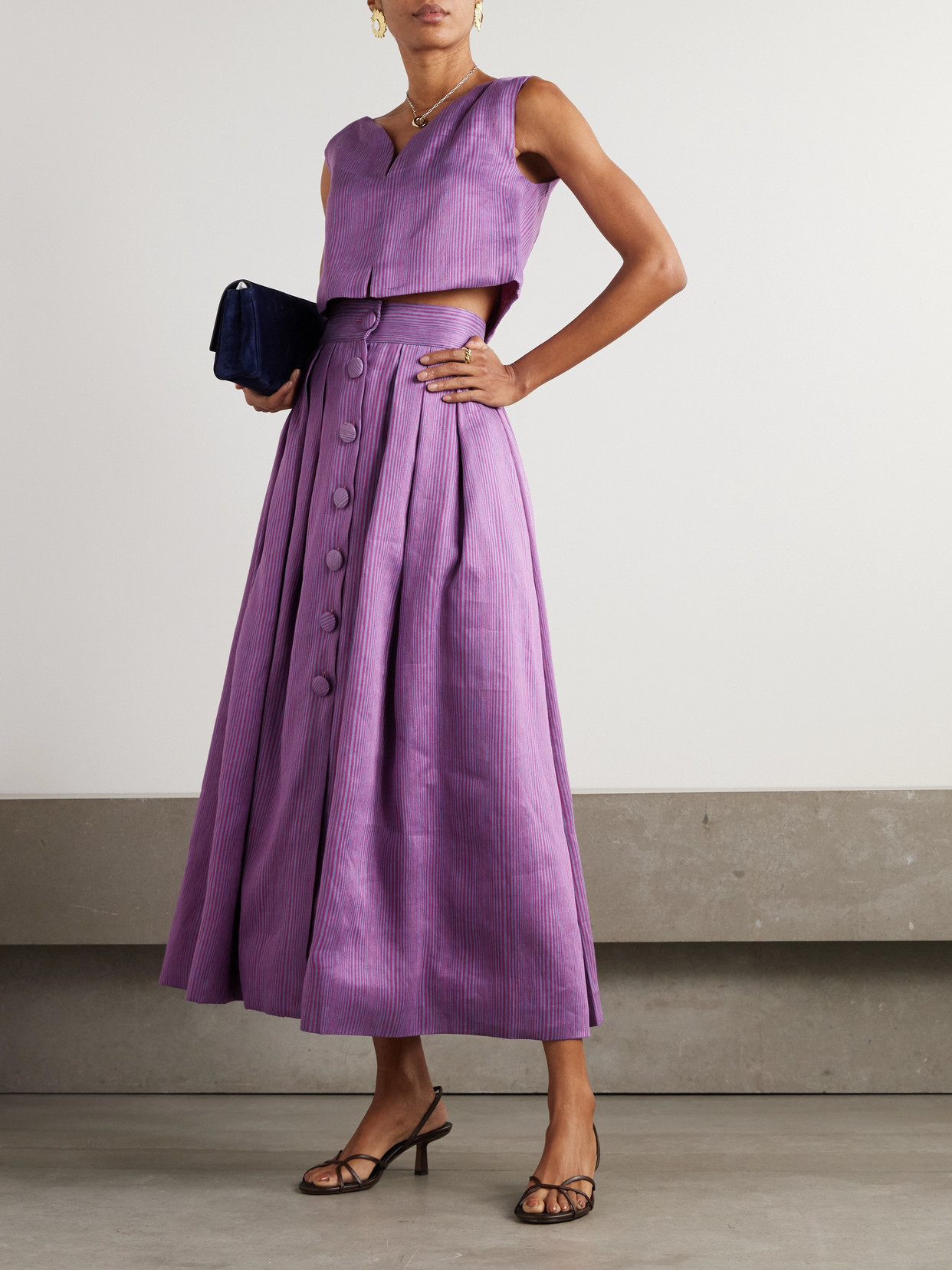 D'estree Irving Striped Linen-blend Midi Skirt In Purple