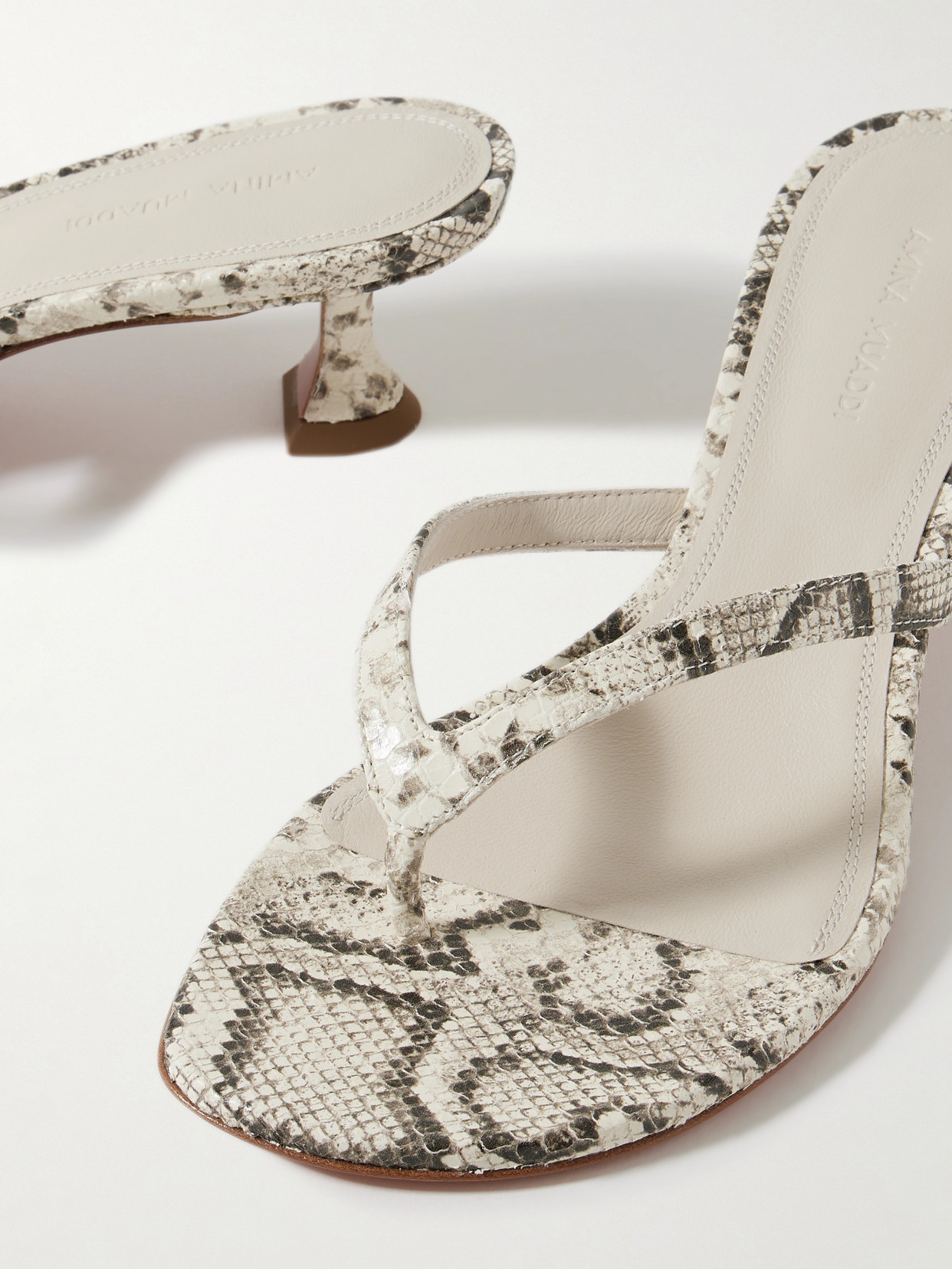 Amina Muaddi Snakeprint-leather Juliette Heeled Sandals 45 In Neutral