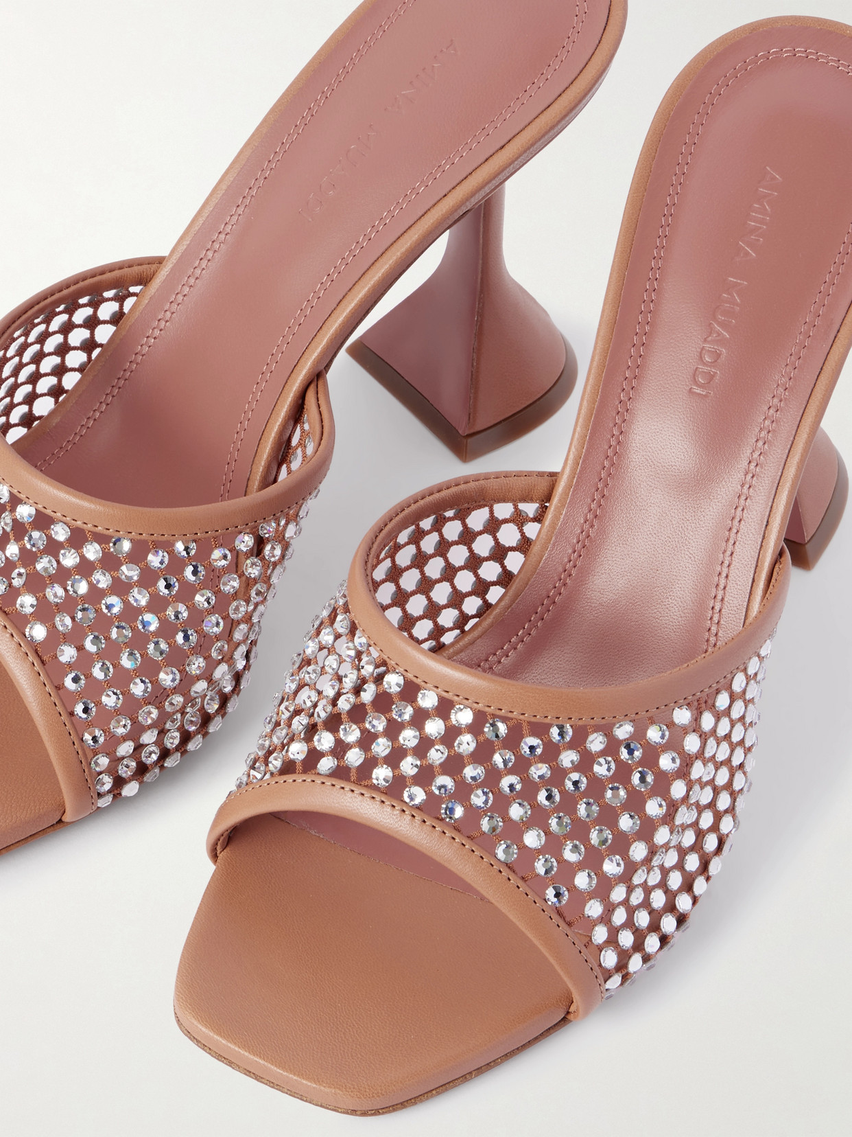 Shop Amina Muaddi Lupita Crystal-embellished Fishnet And Leather Mules