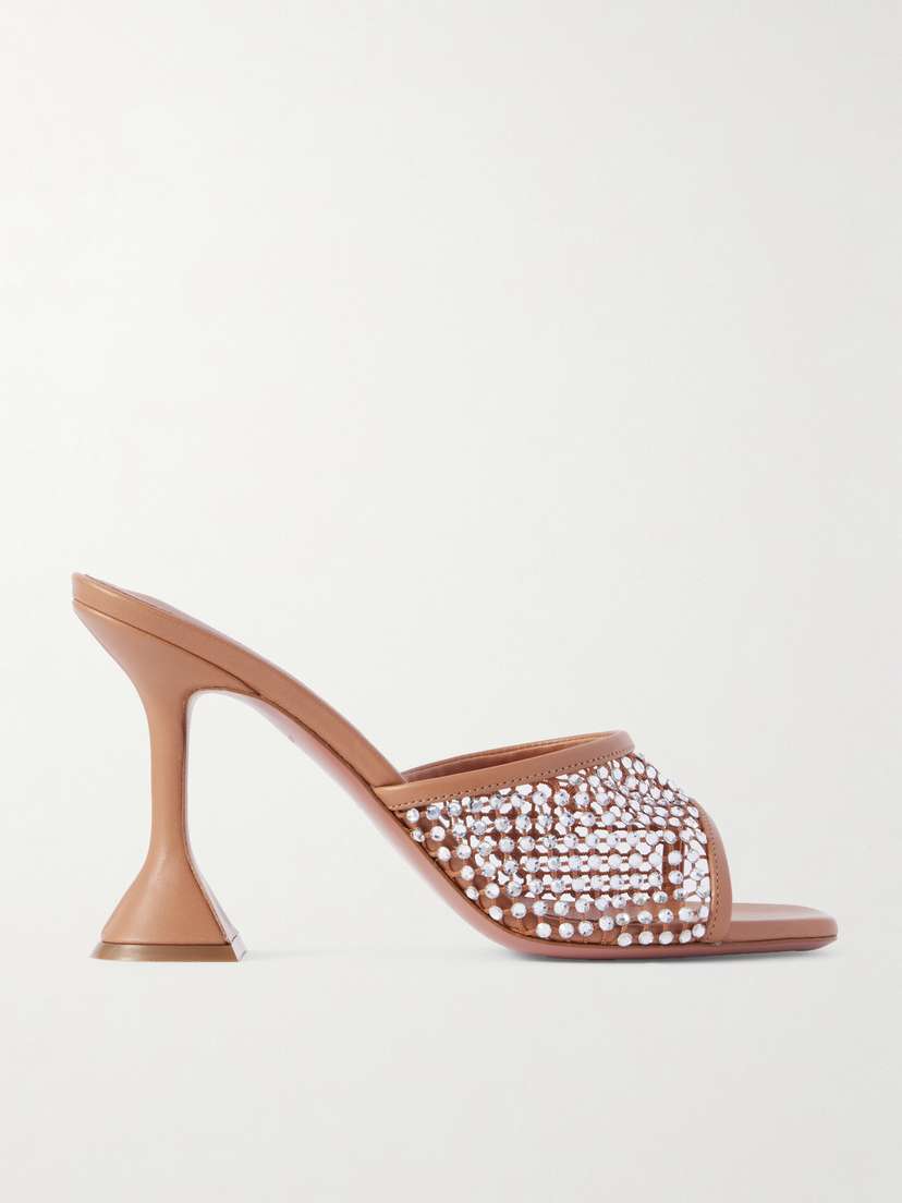 Amina Muaddi Lupita Crystal-embellished Fishnet And Leather Mules