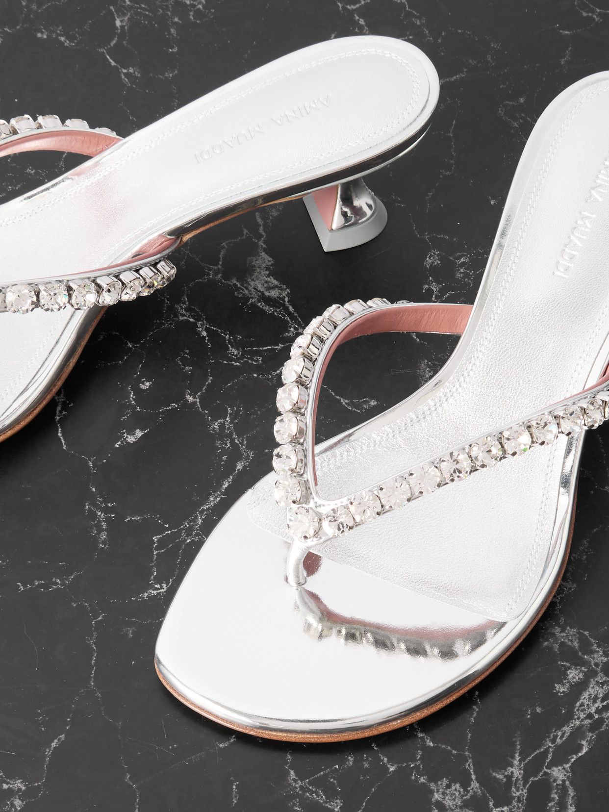 Amina Muaddi Leather Sandals With Crystal-embellished Straps