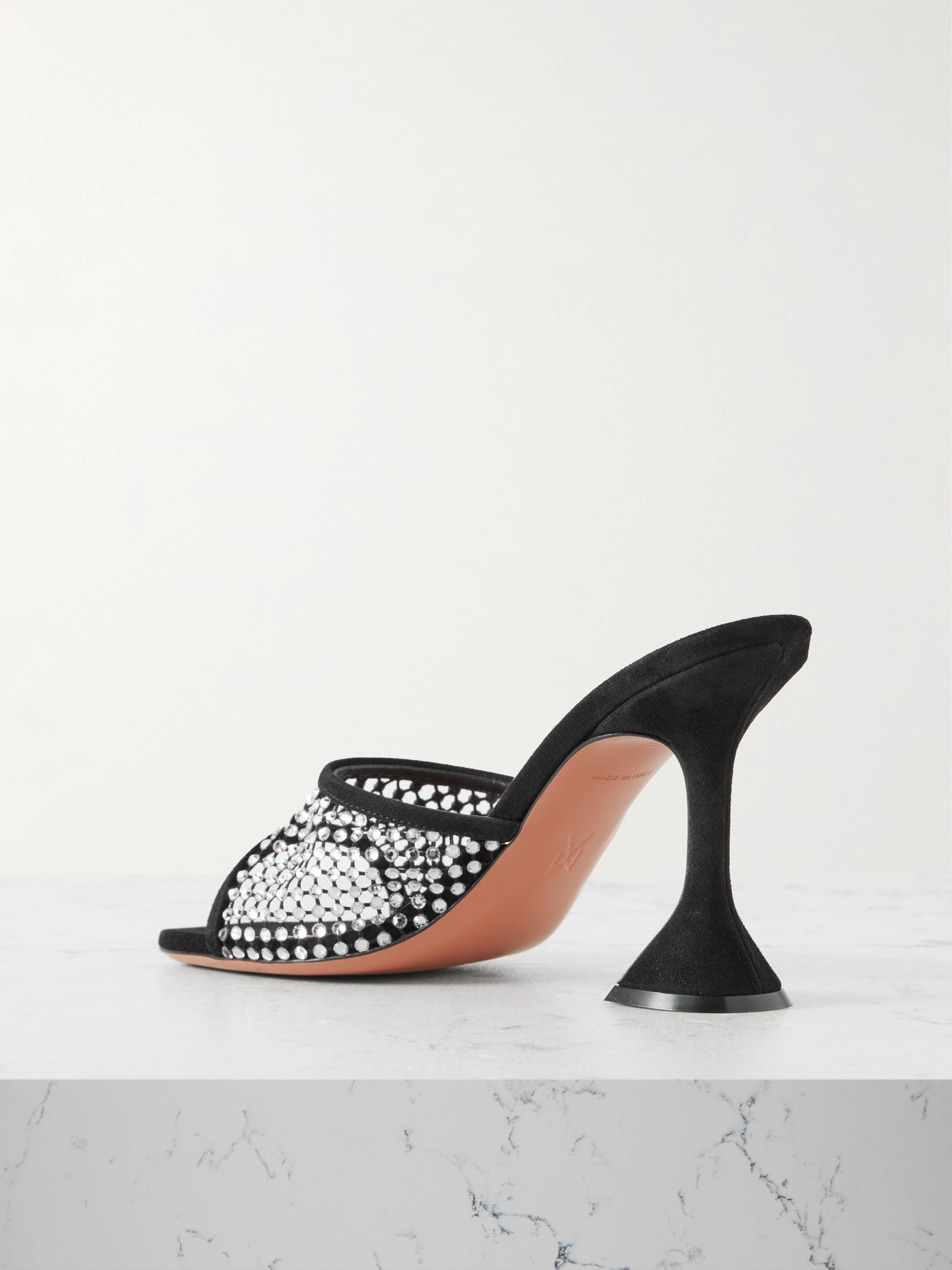 AMINA MUADDI LUPITA CRYSTAL-EMBELLISHED FISHNET AND SUEDE MULES