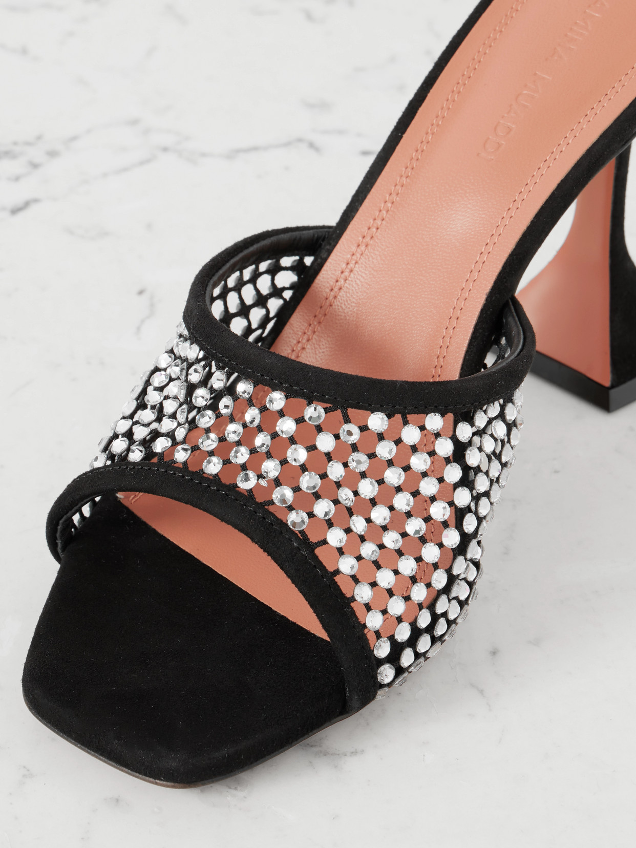 AMINA MUADDI LUPITA CRYSTAL-EMBELLISHED FISHNET AND SUEDE MULES