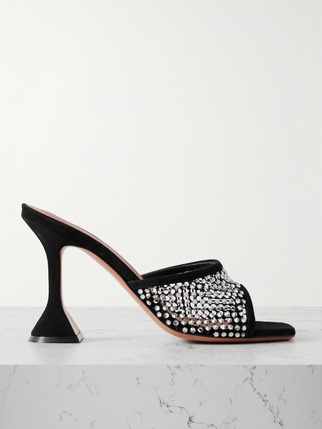 AMINA MUADDI LUPITA CRYSTAL-EMBELLISHED FISHNET AND SUEDE MULES