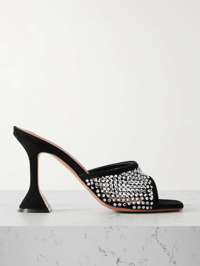 Amina Muaddi Lupita Crystal-embellished Fishnet And Suede Mules