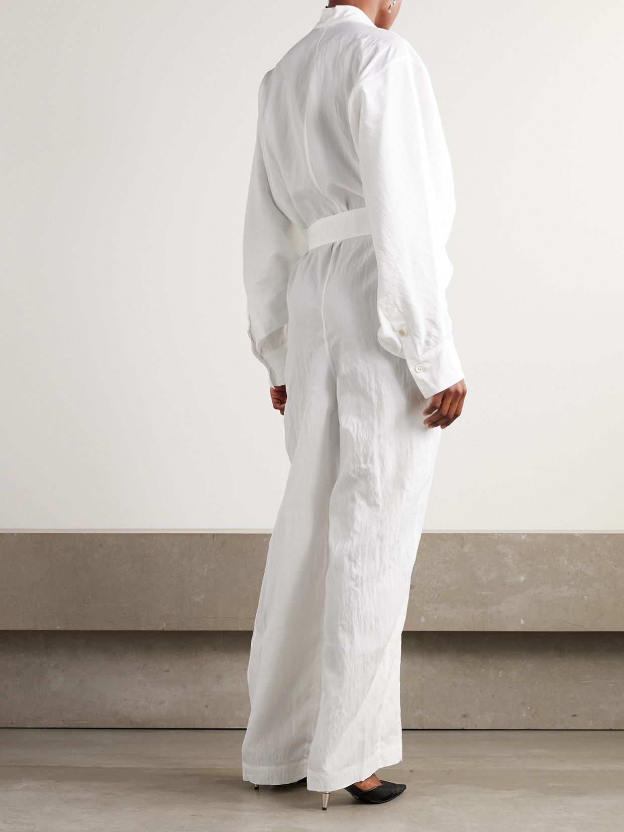 FERRAGAMO BELTED CRINKLED-SHELL JUMPSUIT