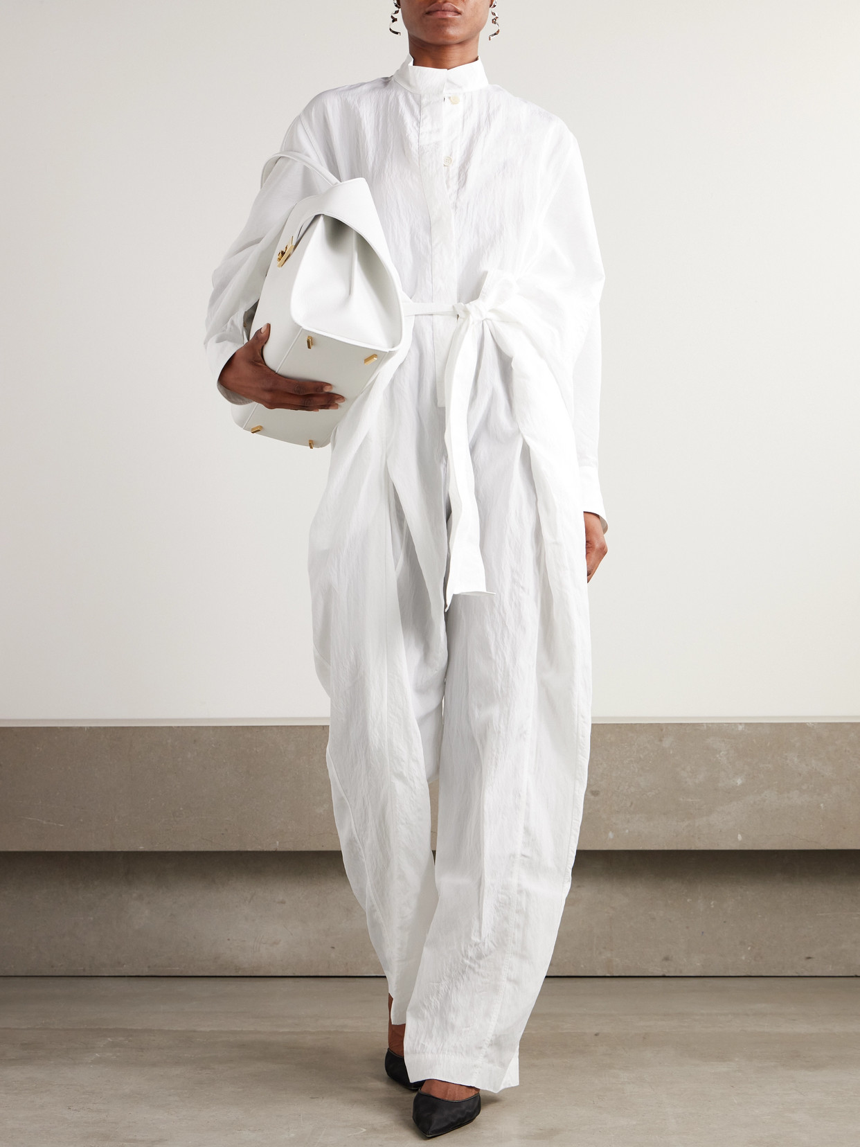 FERRAGAMO BELTED CRINKLED-SHELL JUMPSUIT