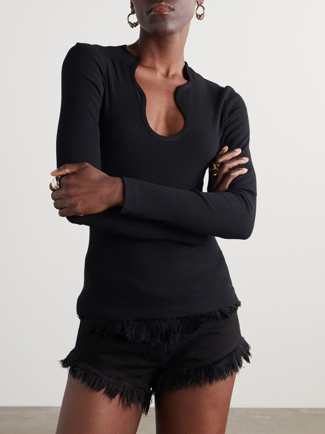 Ferragamo Ribbed Cotton Top In Black