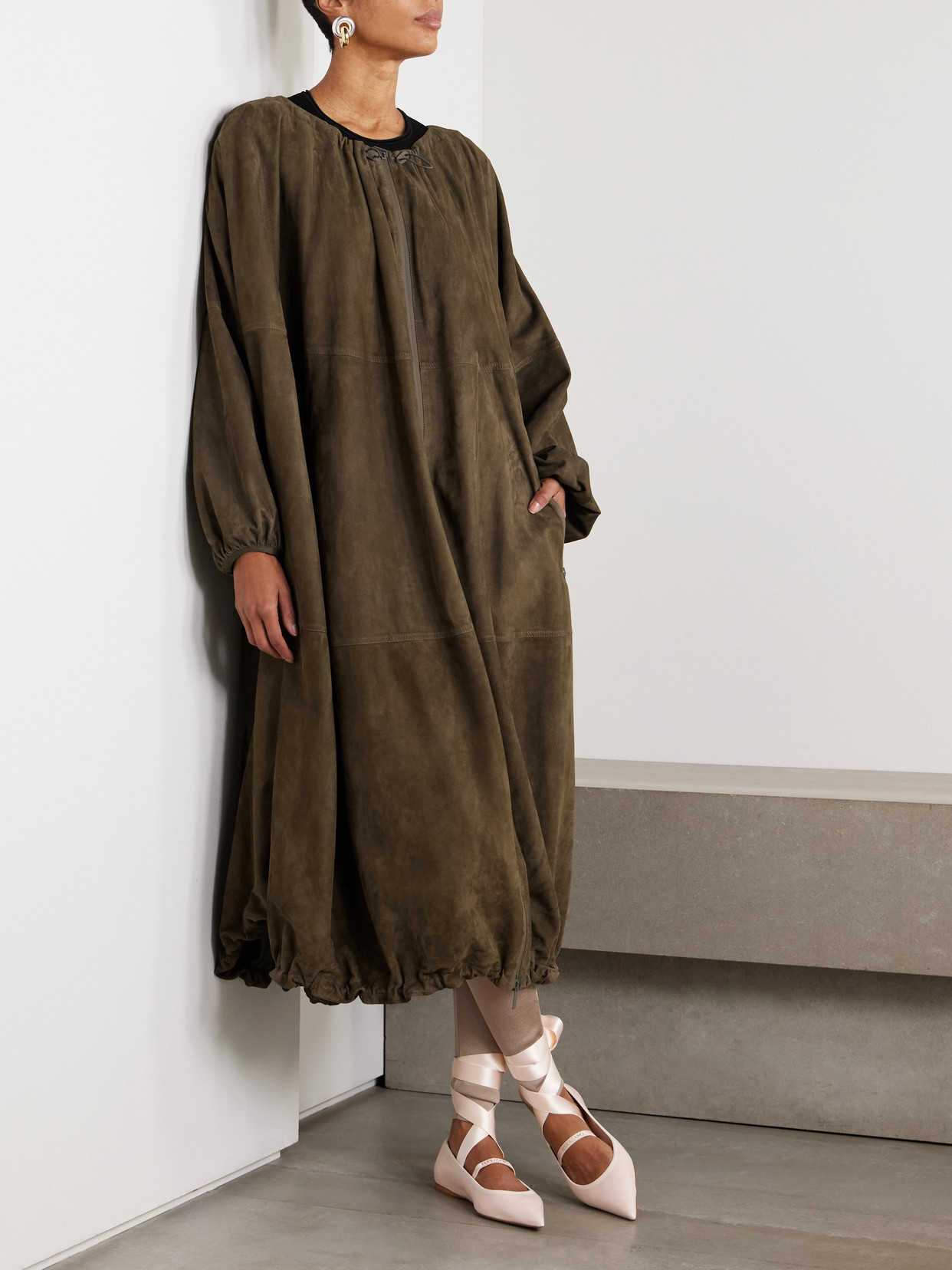 Ferragamo Oversized Paneled Suede Coat In Brown