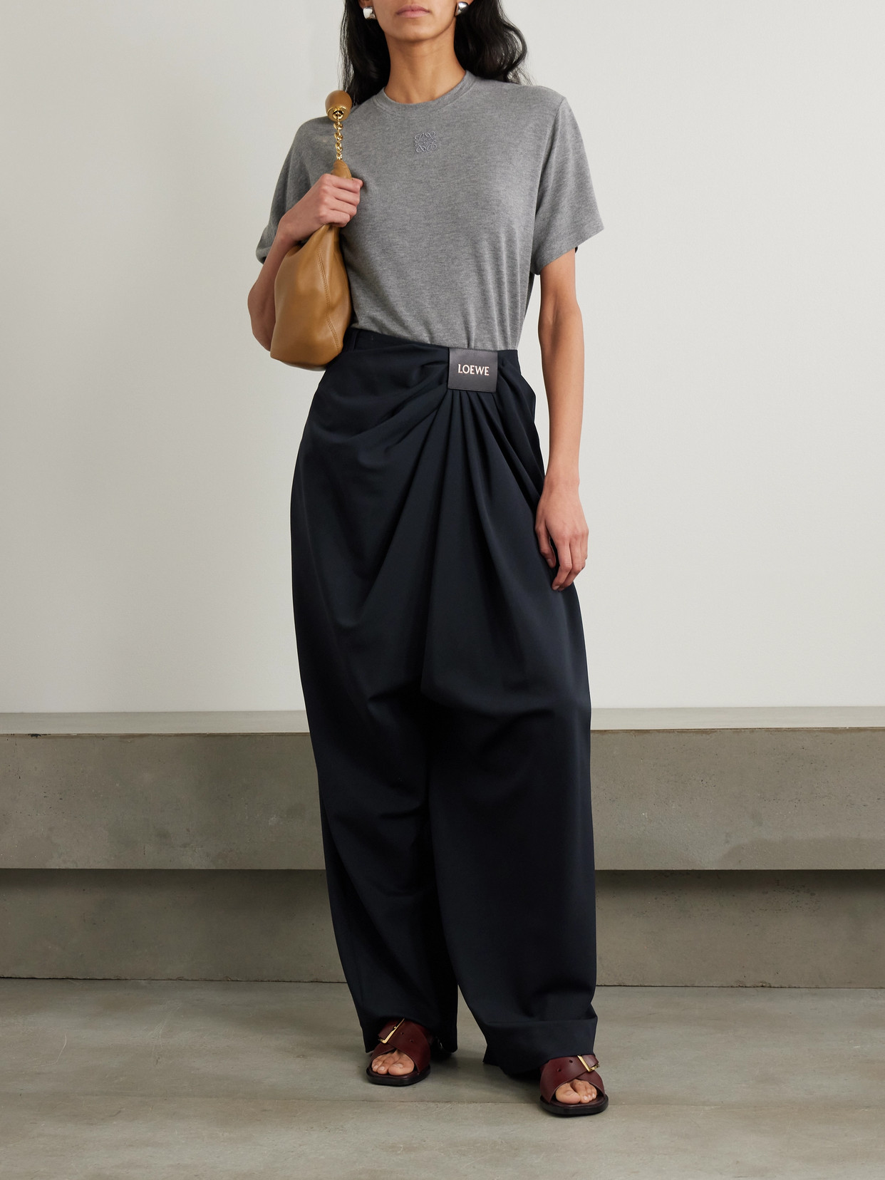 Shop Loewe Paneled Draped Wool Pants In Blue