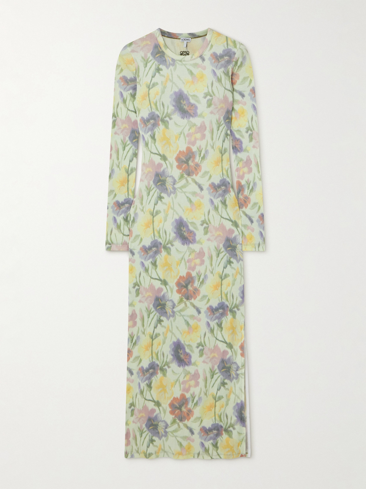 Loewe Floral-print Ribbed Silk And Cotton-blend Midi Dress In Green