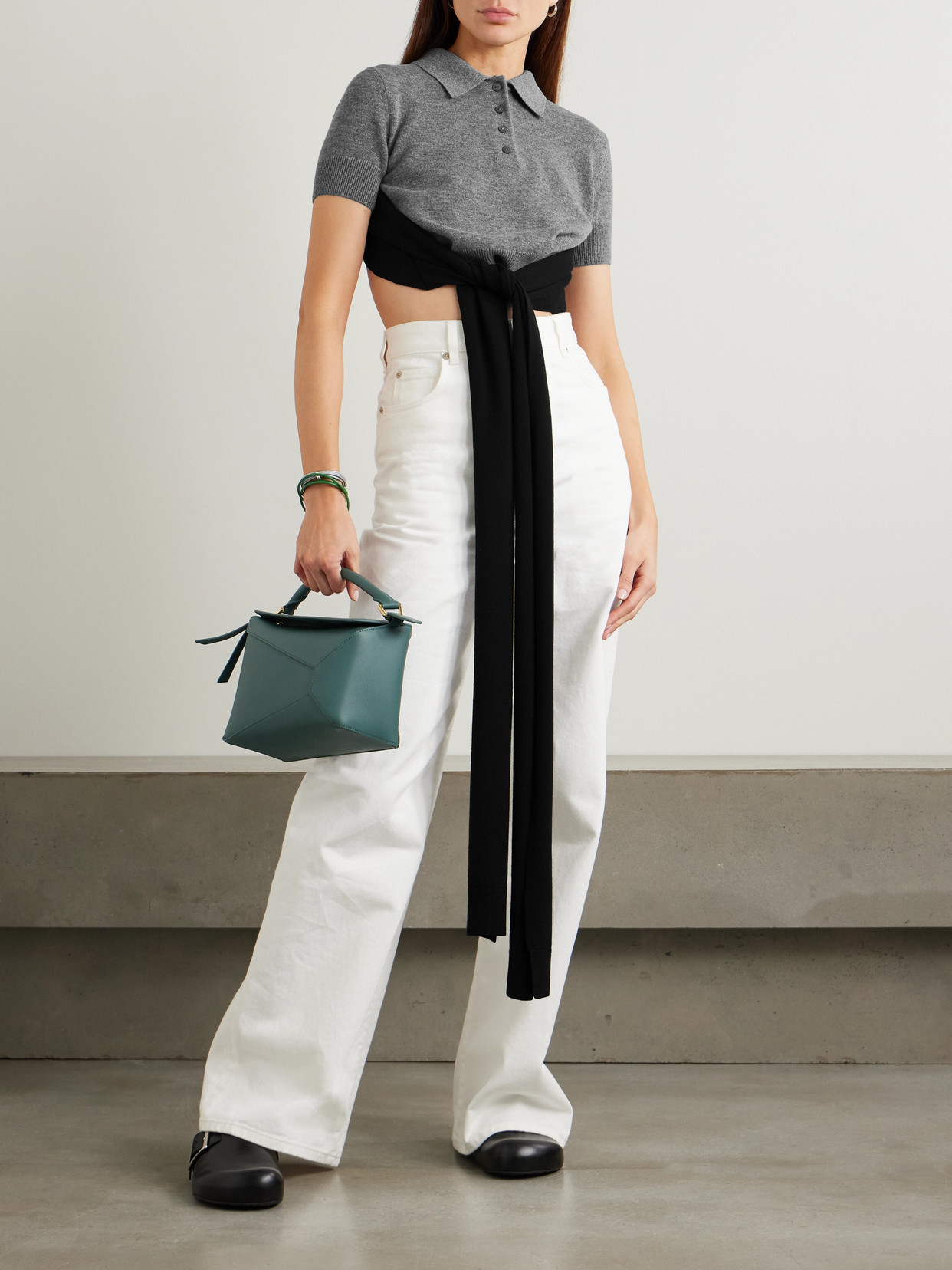 LOEWE CROPPED OPEN-BACK TIE-FRONT WOOL-BLEND POLO SHIRT