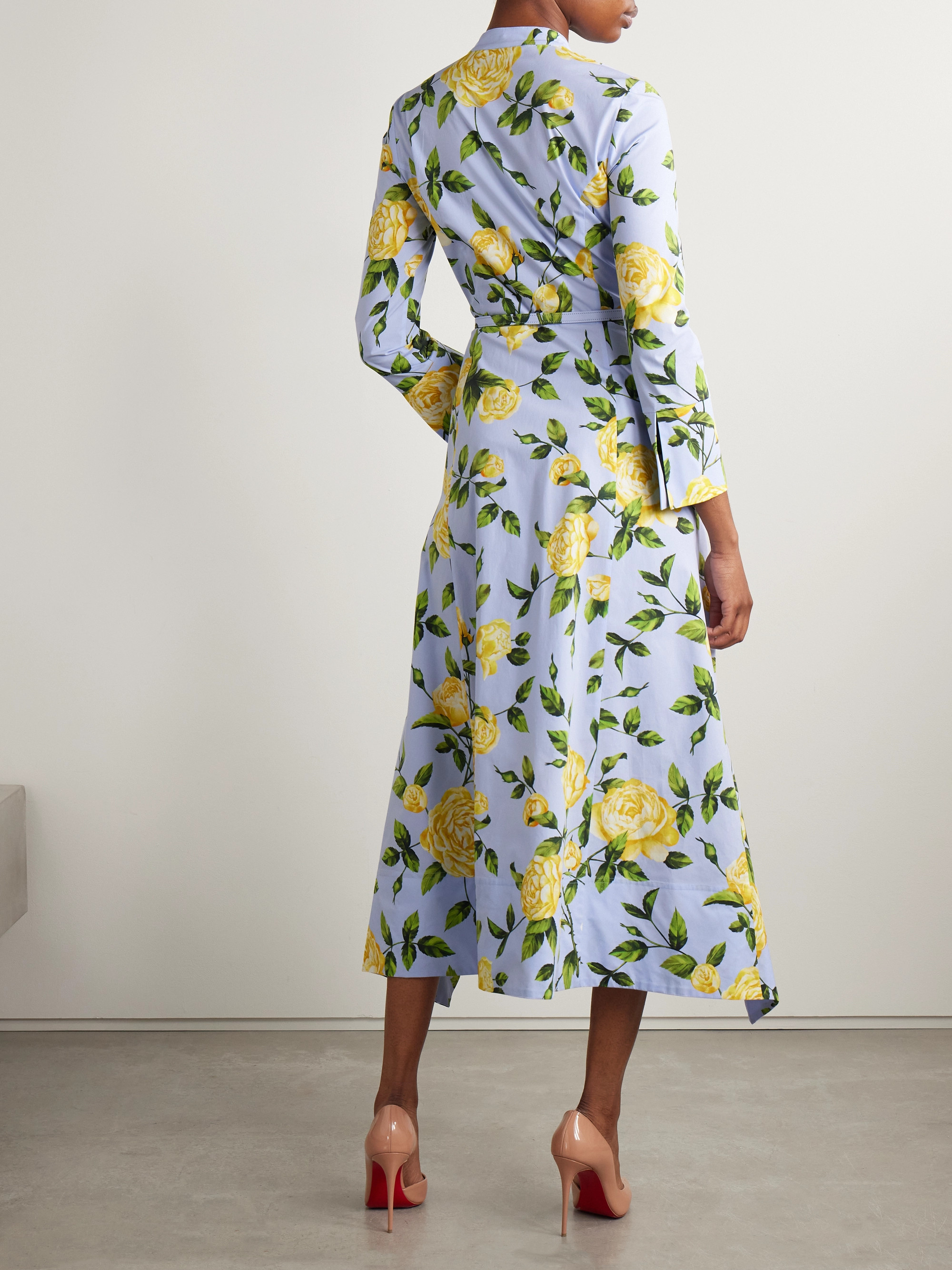 Oscar de la Renta Belted floral-print cotton-blend poplin midi shirt dress