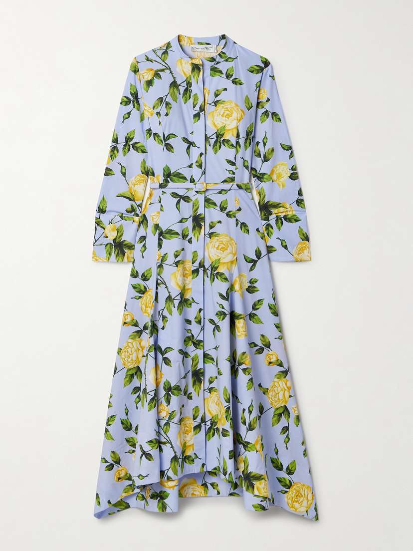 Oscar de la Renta Belted Floral-print Cotton-blend Poplin Midi Shirt Dress