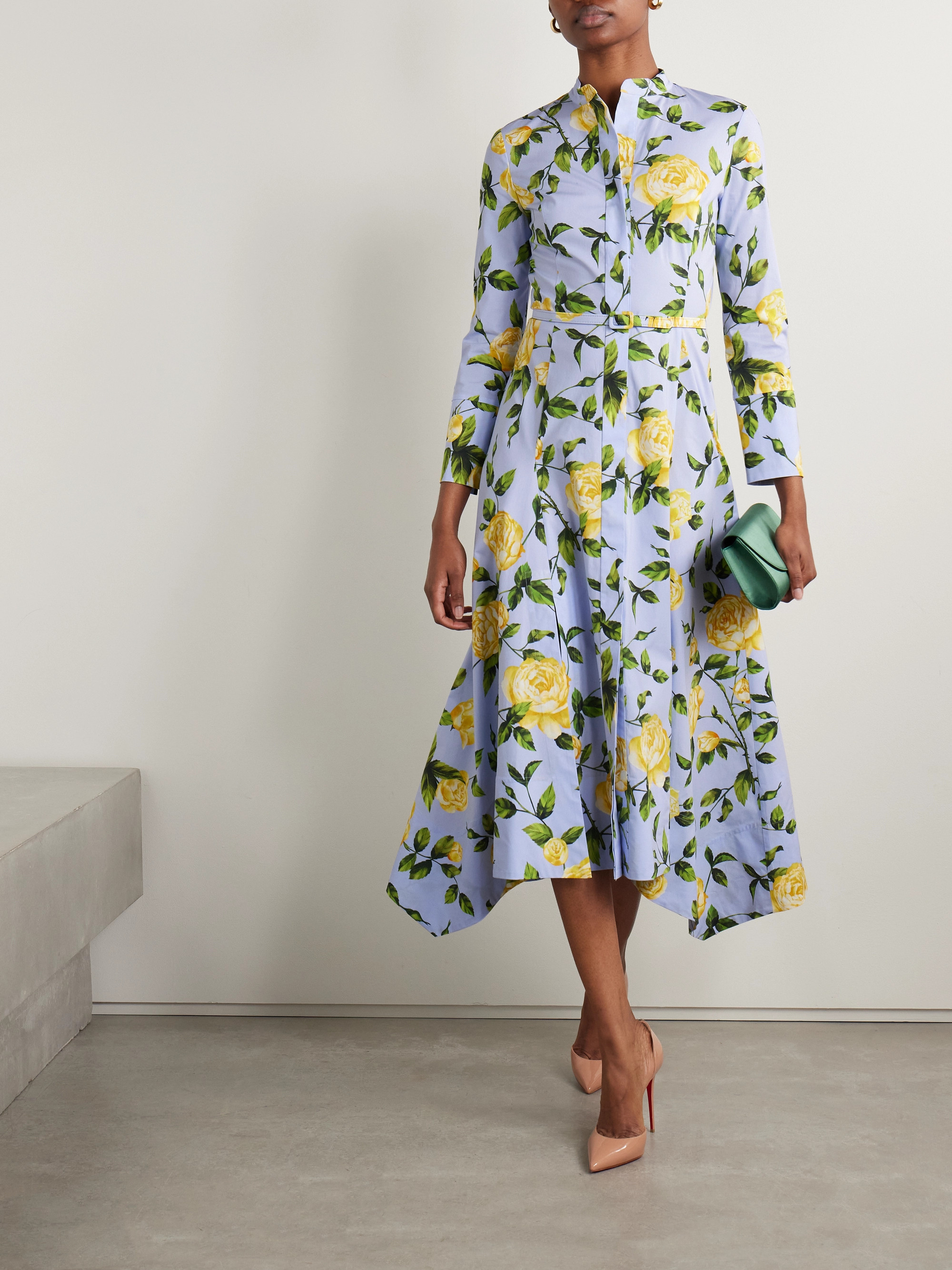 Oscar de la Renta Belted floral-print cotton-blend poplin midi shirt dress